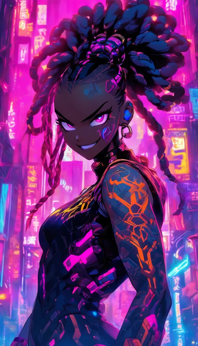 melaninated afrofuturistic baskeball player dribbling ball of energy down a hardlight court, curvaceous, full breasts, (neon viper full torso tattoo), thigh tattoo, (purple and gold dual colored cybernetic braids) (artificial eyes), purple sclera, gold pupils, , gold strapless bra, ( afrofuturistic cyber fantasy, off the sleeve jacket, (neon glowing veins), cunning, (smile), teeth, action scene, Cyberpunk Concept, city, (night), ,masterpiece, highest quality, manga highres, hyper-stylistic, alluring aura and stare,splash art, manga stylized, , Black ink, tattoo desgin, tatoo outline, full of emotion, mecha, robot, armor, bodysuit, mechanical arms, science fiction,