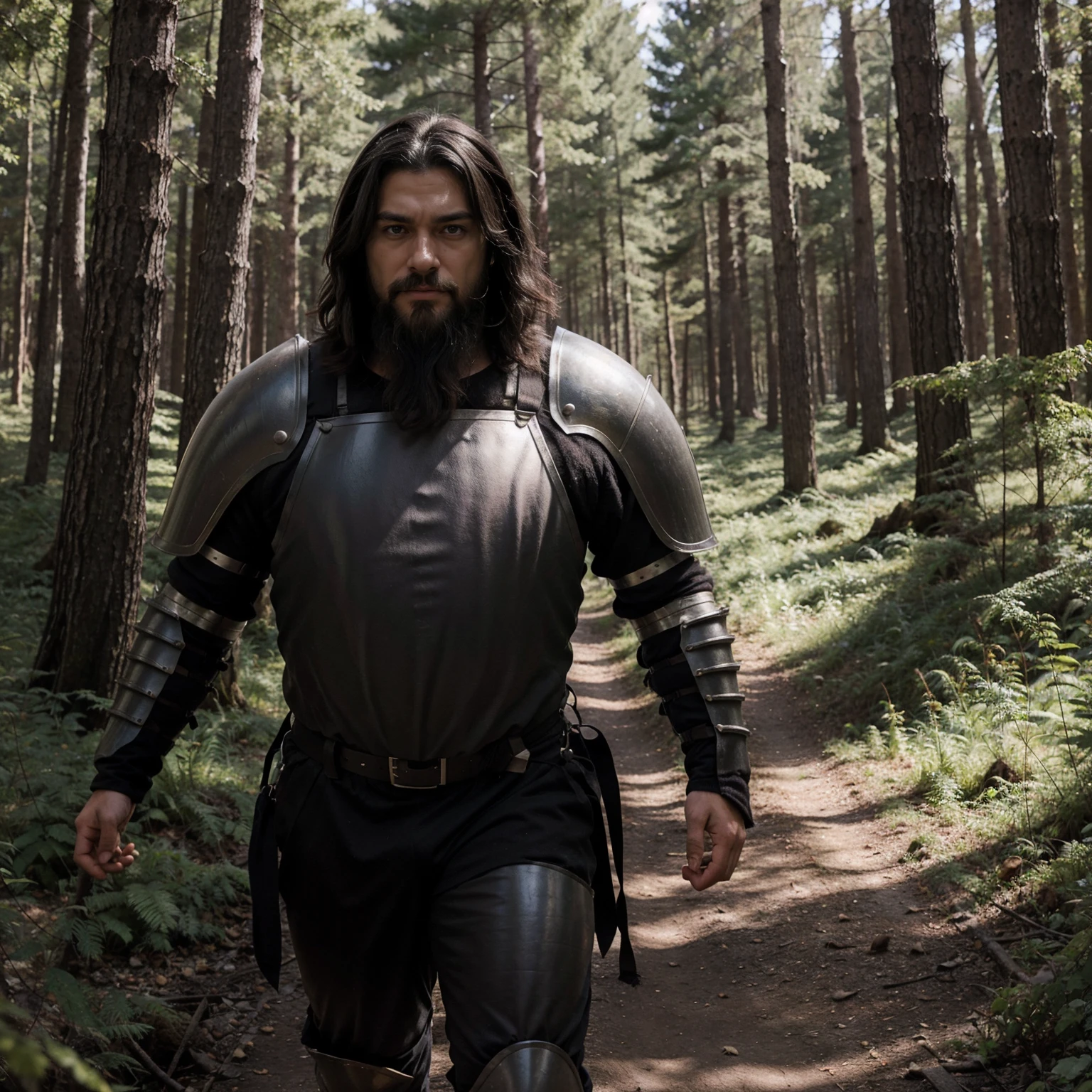 1man, solo, dark fluffy hair, wearing bulky armour, fluffy beard, walking through a forest