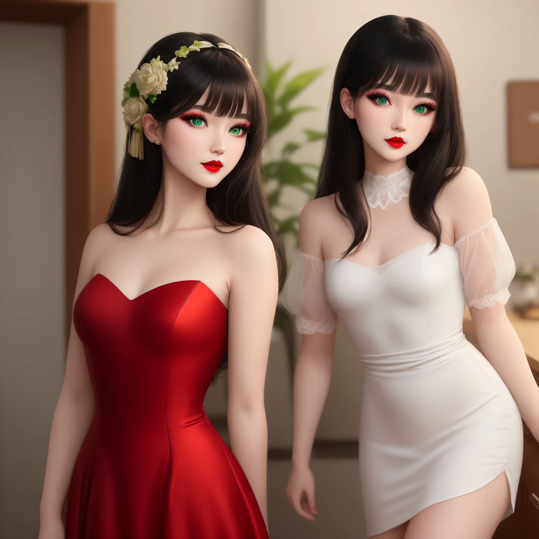 Female, black hair, green eyes, almond eyes, caucasian, 23 year old, straight hair, Bang, red dress, about 60 kg, red, makeup eyes, red lips, small nose, oval face