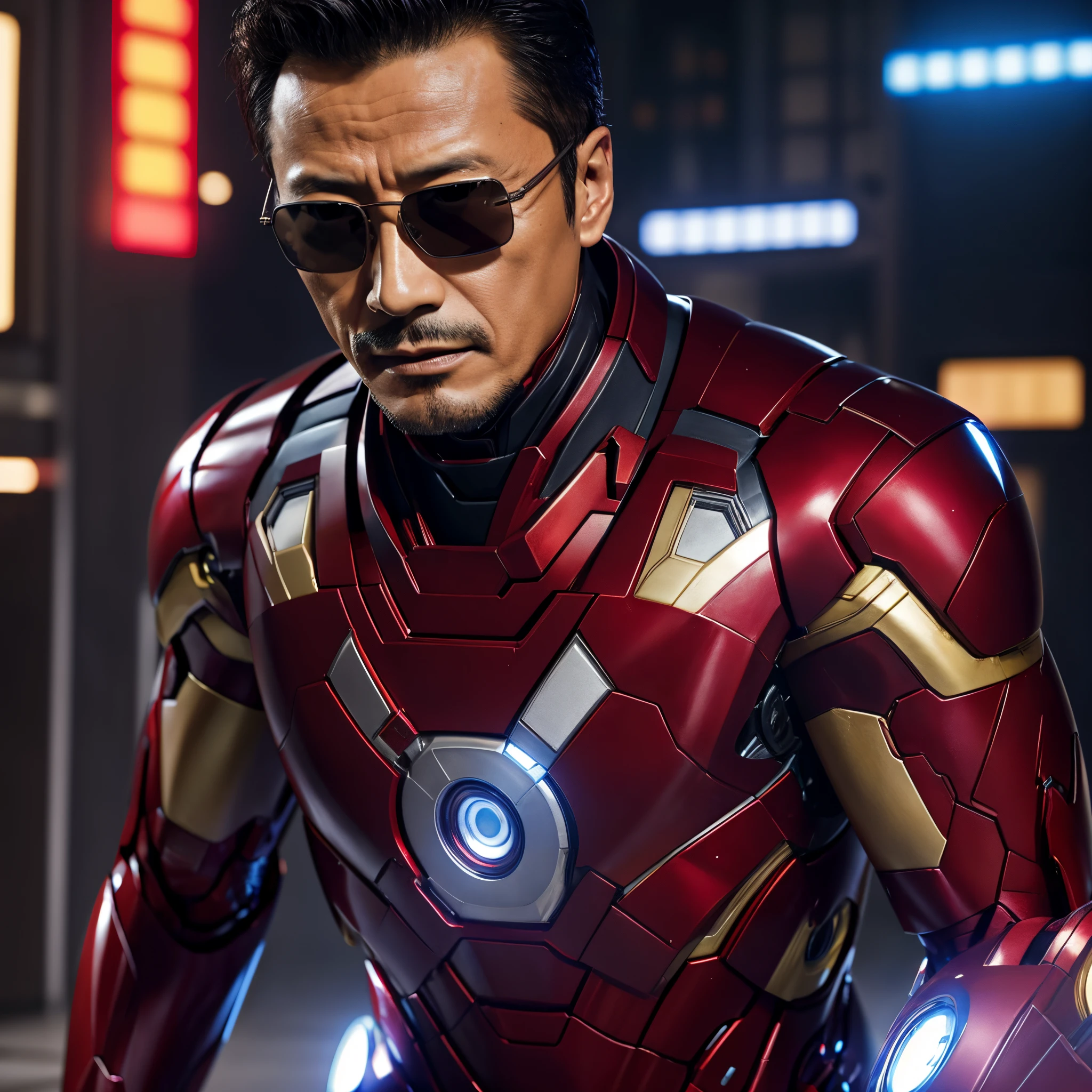 50 years old,Hidetoshi Nakata ,(Kogoro Mouri 1.3), a man in a iron man suit, ray ban sunglasses, masterpiece,4k hd