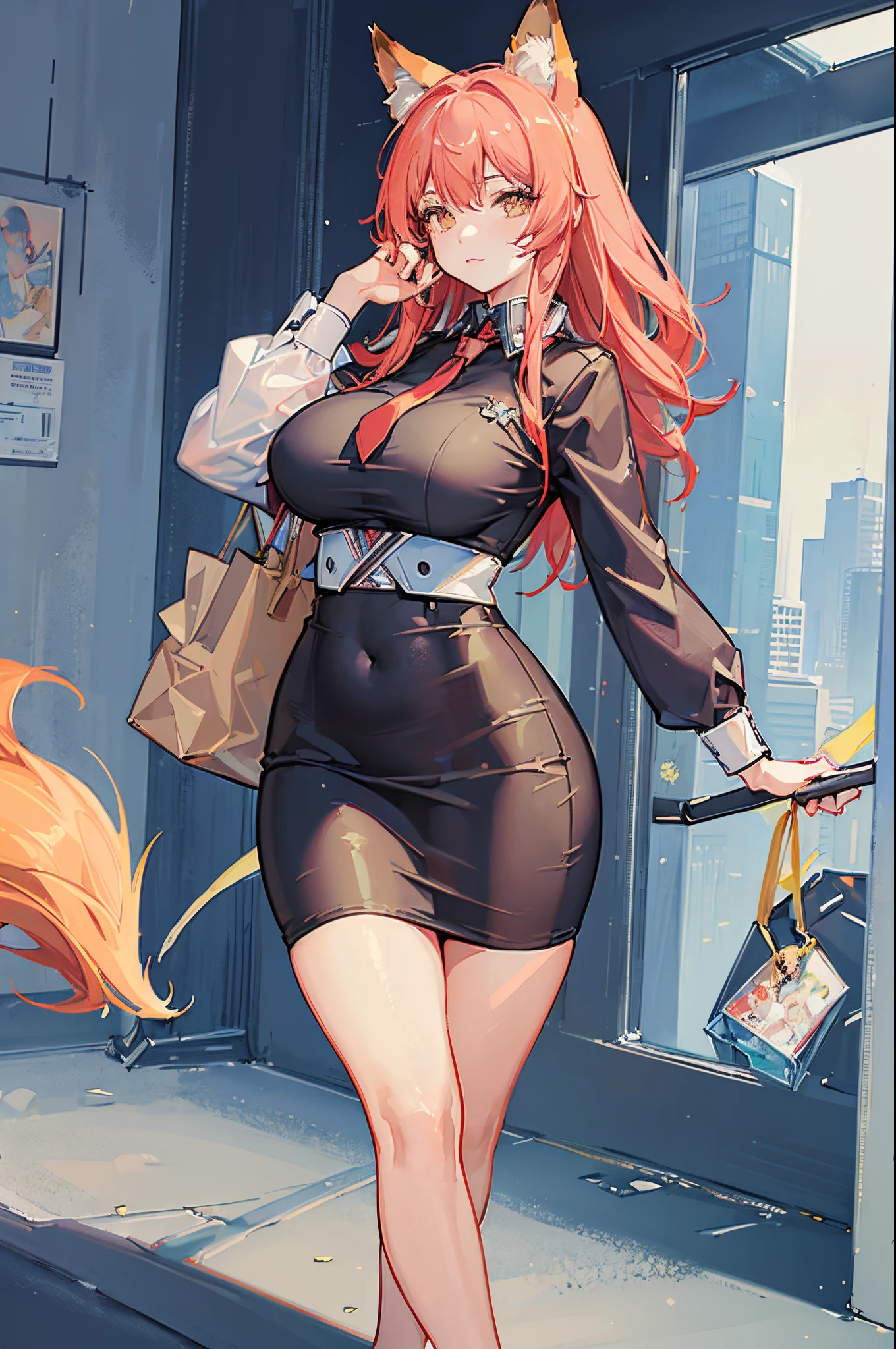 (Masterpiece: 1.5), (Best Quality: 1.5), (Perfect Face), 1 Woman, Fox ears, Fox tail, office lady, mature woman, big tummy, fat body, voluptuous body, tight pencil skirt
, ,