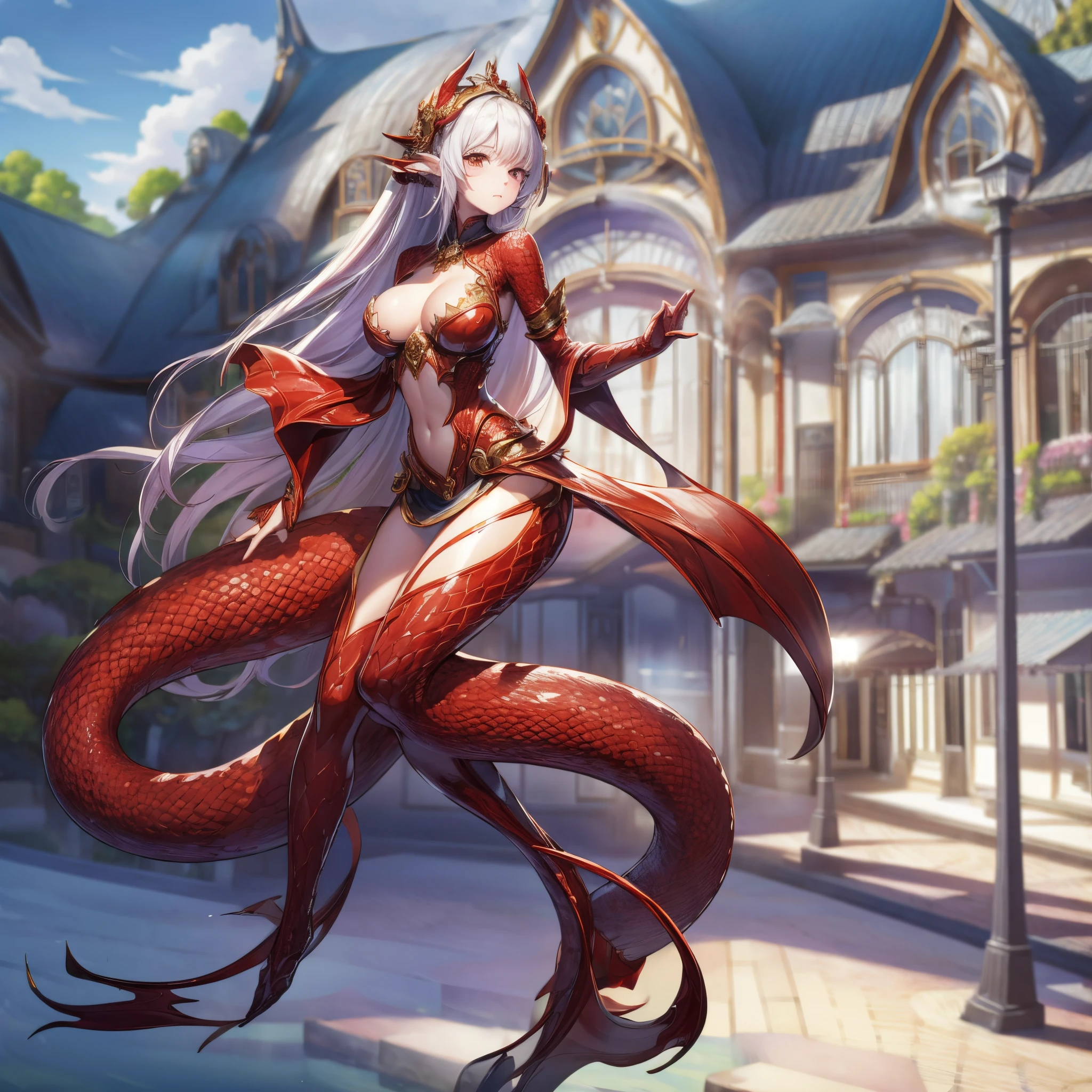 1 busty girl, Lamia, balance, [white shirt:0.8], [top-down bottom-up:0.5], full-body lesbian, red Lamia, red scales, captivating, number, super-detailed, best quality, extremely detailed, original character, volumetric lighting, best shadows, shallow depth of field, stunningly beautiful girl, petite, exquisitely beautiful face, high dynamic range, [awkward:0.75], [dungeon:0.33], [black ferret:0.8]