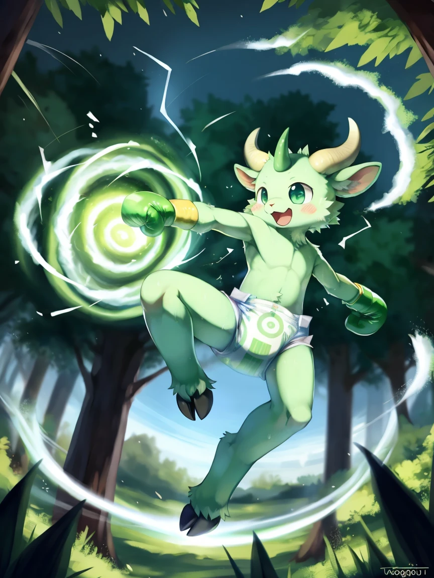 ((by wadorigi on Twitter)(Lamb)), pokemon, kid proportions, cute, adorable  , thin thighs, hooves,  upper limb hooves, light green fur, horns made of emerald , powerful green spiral wind current on surroundings, ( green swirling whirlwind effect), surrounded by green swirling whirlwinds of magic, multiple green swirling whirlwinds on background, wearing soggy messy padded  diaper, (green leather  boxing gloves), leather wrist cuffs, jumping, rising fist, green swirling whirlwind on fists, in forest