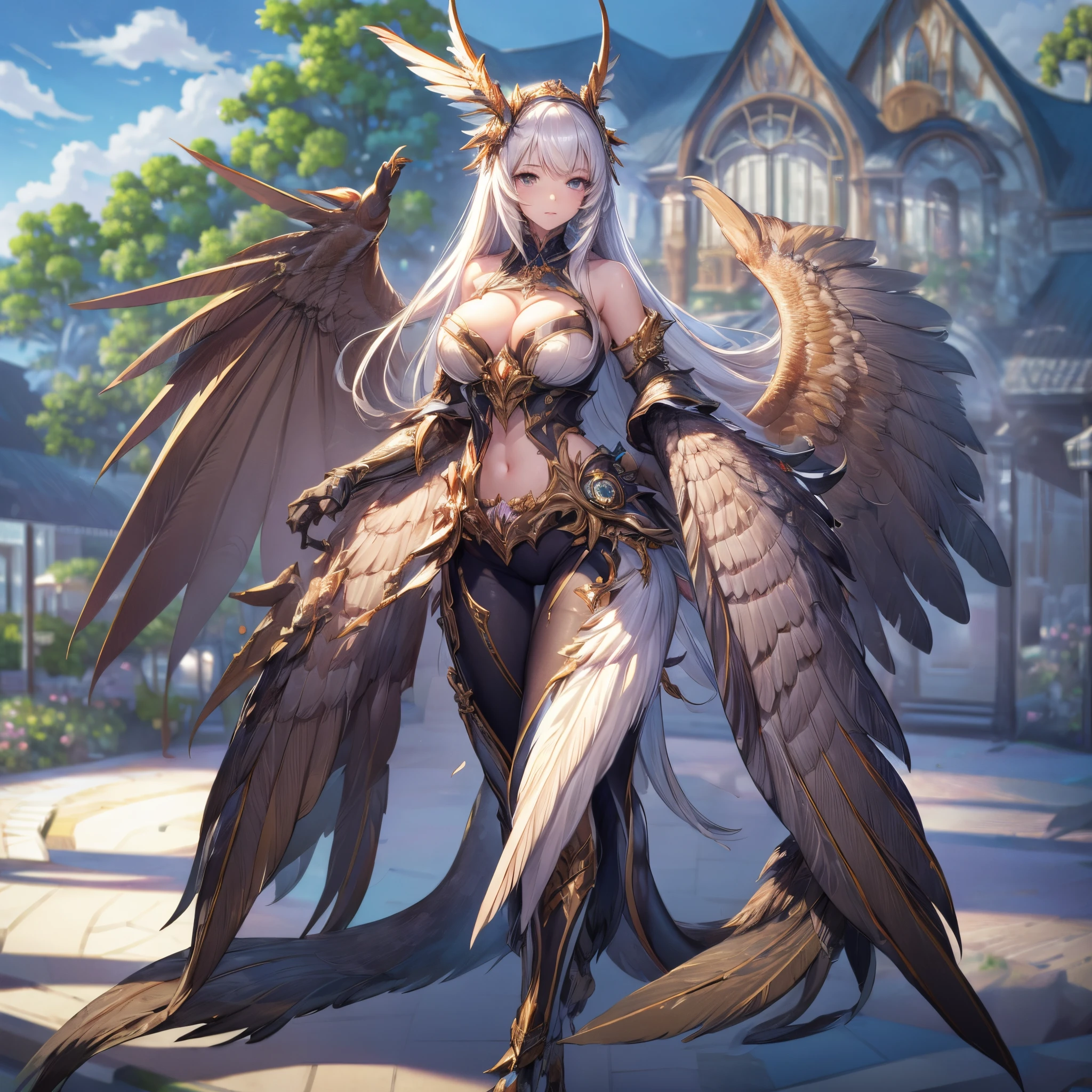 (best quality,4k,8k,highres,masterpiece:1.2),ultra-detailed,realistic:1.37, HDR,UHD,studio lighting,ultra-fine painting,sharp focus,physically-based rendering,extreme detail description,professional,vivid colors,bokeh,portrait,feathers,full body,claws,mature girl,large wings,mythical creature,volumetric lighting,dramatic shadows,shallow depth of field,stunningly beautiful girl,petite,exquisitely beautiful and charming face