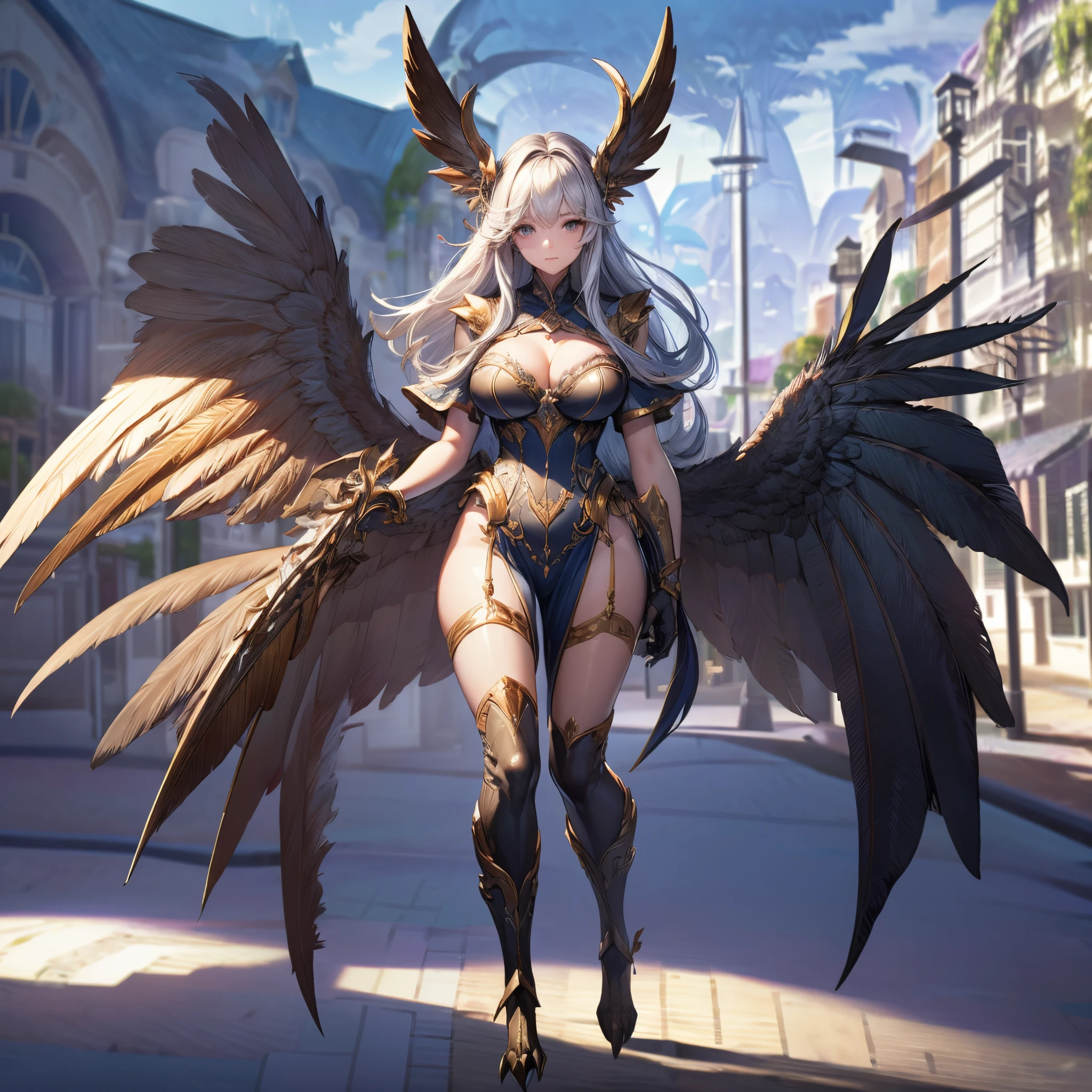 (best quality,4k,8k,highres,masterpiece:1.2),ultra-detailed,realistic:1.37, HDR,UHD,studio lighting,ultra-fine painting,sharp focus,physically-based rendering,extreme detail description,professional,vivid colors,bokeh,portrait,feathers,full body,claws,mature girl,large wings,mythical creature,volumetric lighting,dramatic shadows,shallow depth of field,stunningly beautiful girl,petite,exquisitely beautiful and charming face