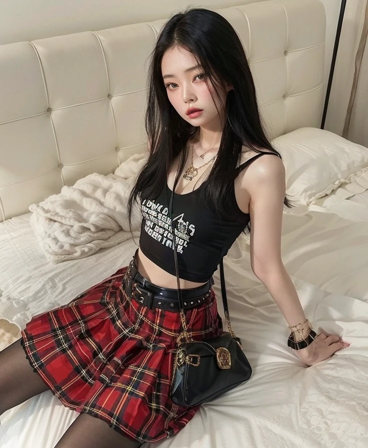 puffy Asian woman in a black skirt and blouse sitting on a bed, 18 anos, Modelo do Instagram, Asian girl, Beautiful Asian girl, young asian girl, Saia xadrez, estilo sexy, 1 6 anos, she is wearing a black tank top, 2 Modelo feminina de 4 anos, 21 anos, olhar sexy, cruel korean goth girl
