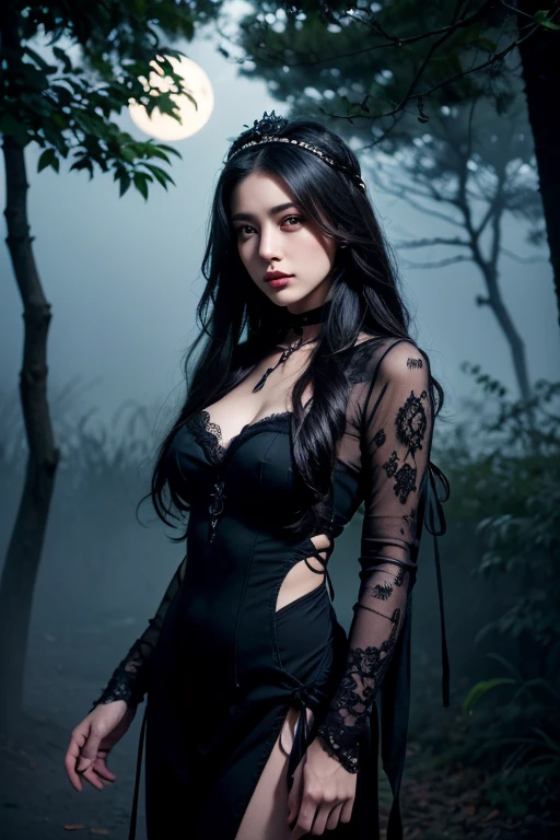 (best quality,4k,8k,highres,masterpiece:1.2),ultra-detailed,(realistic,photorealistic,photo-realistic:1.37),oriental gothic girl,beautiful detailed eyes,beautiful detailed lips,extremely detailed eyes and face,long eyelashes,gloomy expression,dark gothic attire,black lace dress,elaborate headdress,black choker,tattoos on her arms and neck,black thigh-high boots,standing in a mysterious foggy garden,decorated with eerie statues and twisted trees,full moon casting a haunting glow,crimson and black color scheme,evoking a sense of mystery and seduction,subtle yet dramatic lighting,creating deep shadows and highlights,splashes of red and purple lighting,adding an ethereal touch to the scene,emphasizing the girl's feminine features and gothic aesthetic.