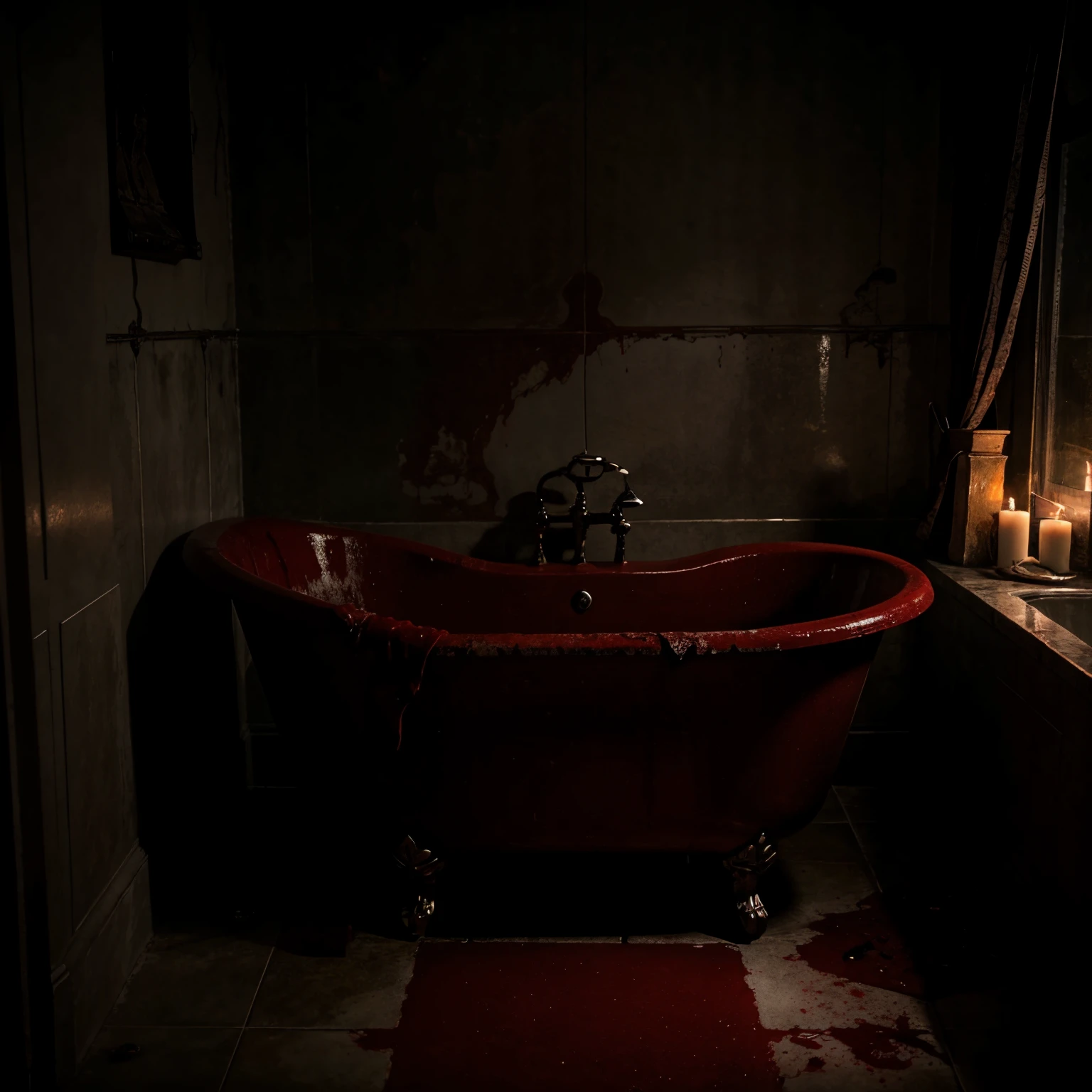 bathtub full of blood, no people in it, gothic and scary atmosphere