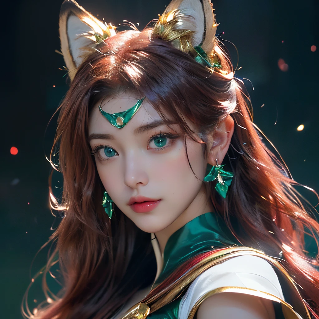 ((masterpiece)), 8k cg, best quality, intricate details, chromatic aberration, ((bust shot)), ((looking at the viewer)), 1girl, Japanese, ((Character((Beautiful Mature Girl)), soft smile, closed mouth, soft lips)), ((Sparkly eyes, hyper detailed eyes, extremely beautiful, (((emerald green eyes))), beautiful eyelashes, makeup, heavy blush)), lens flare, ((nekomimi, ((scarlet red fox ears)), red fur)), Red Fox Tail, ((an extremely beautiful and delicate portrait, delicate facial features, mature woman, 30 years old, soft cheeks, big eyes, Asian eyes, angel face, doll face)), (mole under right eye), thick eyebrows, (very long wavy hair, ((scarlet red hair color)), long choppy bangs, shiny hair, two buns on head), full of life, ((Sailor Moon outfit, leotard, golden headpiece, gold accessories, white red and blue colors, short cape, cybernetic armor)), ((Big Breasts, small shoulders, hourglass figure, thin neck)), absurdres, cinematic lighting, dynamic lighting, fantasy, ((dark background, fog)),