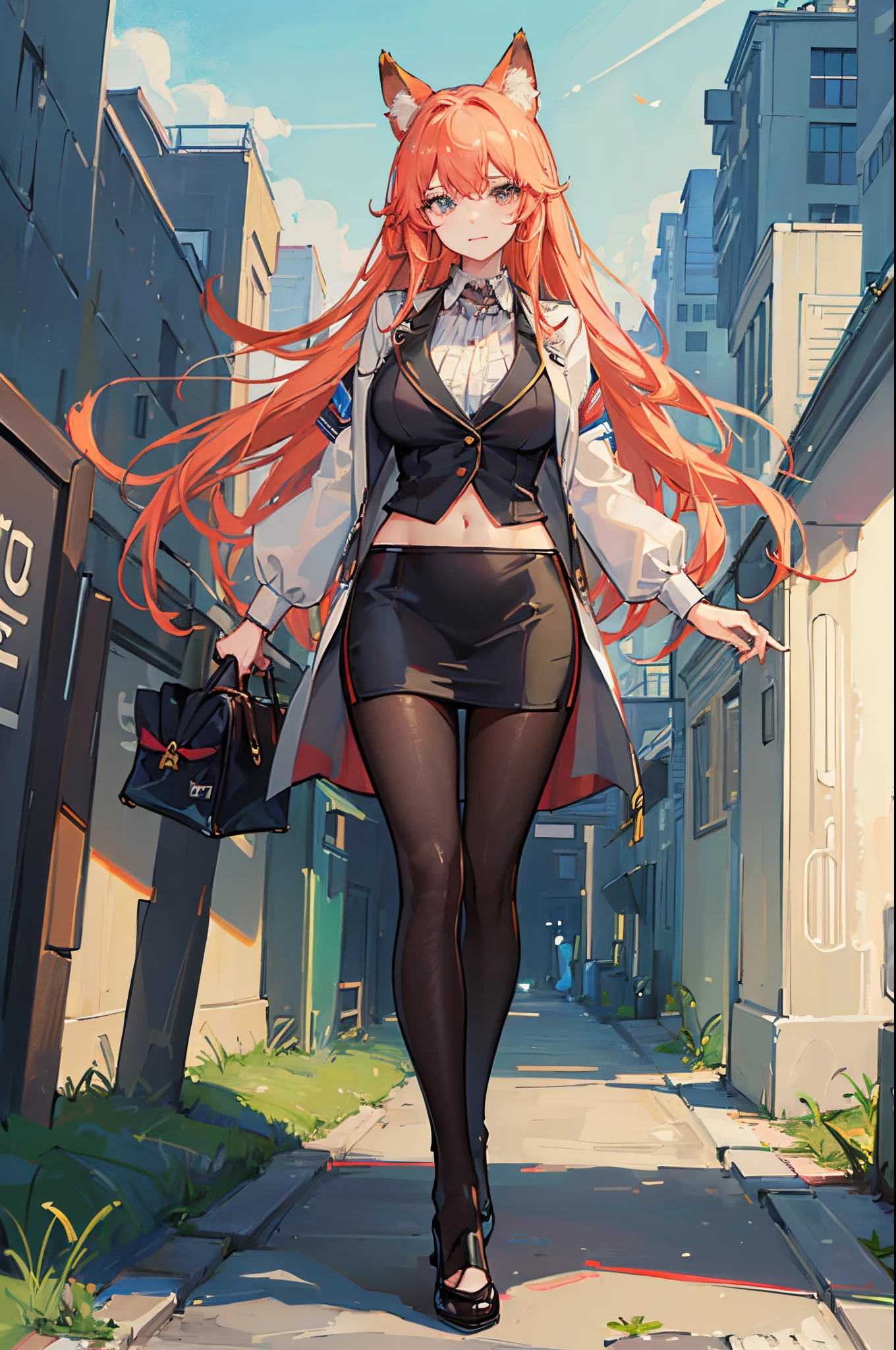 (Masterpiece: 1.5), (Best Quality: 1.5), (Perfect Face), 1 Woman, Fox ears, Fox tail, office lady, mature woman, big tummy,