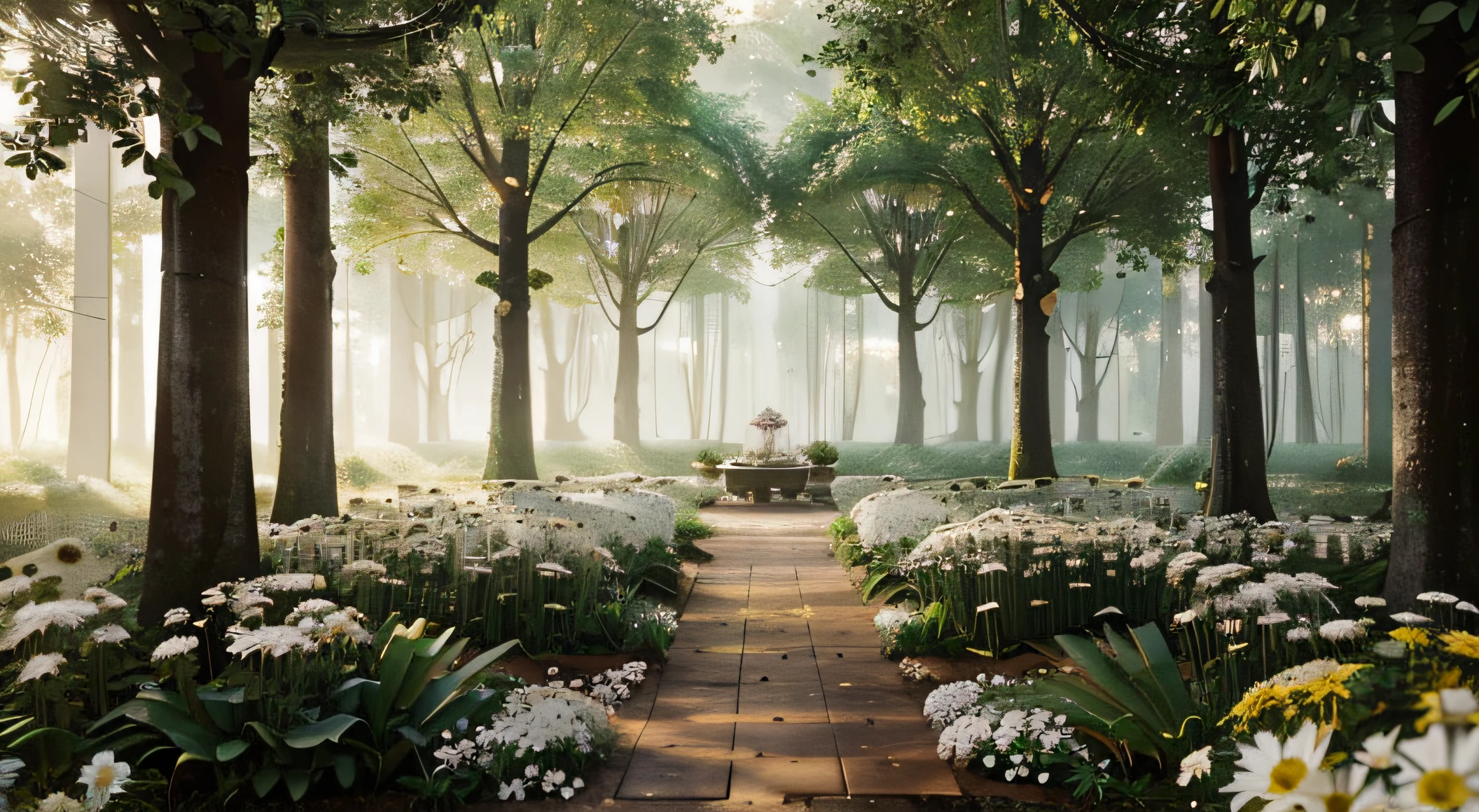 Amidst an elephant ear tree and a deep forest, a combination of white orchids, daisies, sunflowers, and roses blooms vibrantly. The scene unfolds at noon on a rainy day, lending a serene ambiance to the surroundings. The image, created in a 3D style, portrays the delicate beauty of the flowers against the lush backdrop of the forest.