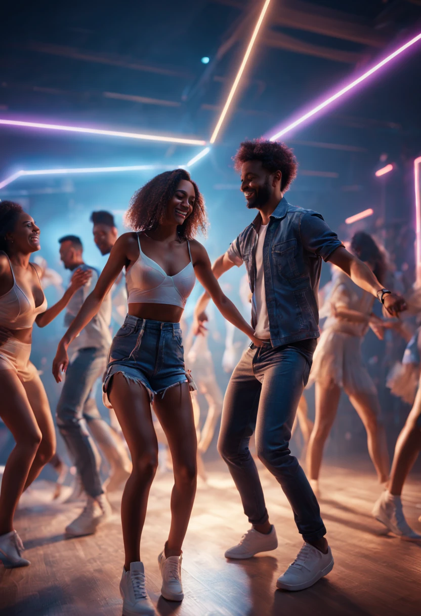 people dancing, Very detailed, high resolution, young people partying wearing, night, long shoot, 8k resolution, dynamic lighting, hyper-detailed, unreal engine 5, volumetric lighting.