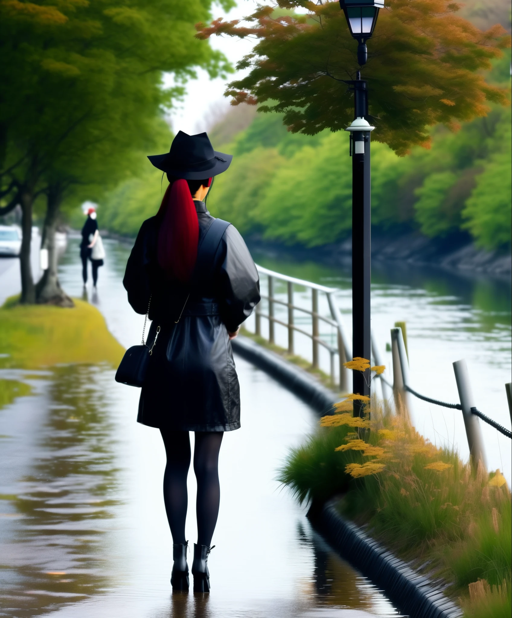 A Japanese woman takes pictures of the scenery while walking along a promenade with her smartphone. Her hair color is black. She wears black clothing with a thunder motif. This is her back view. The scenery is along a stream and has a stylish and old street light.