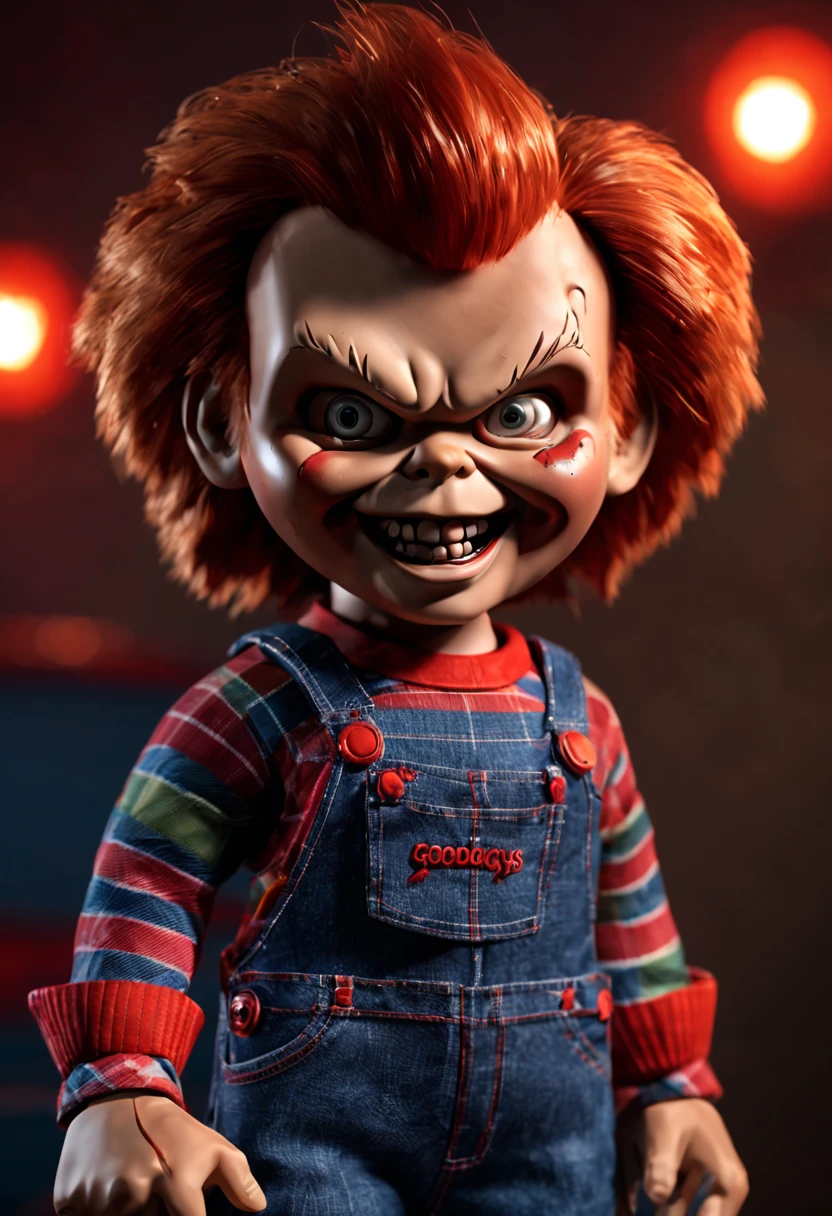 Boneca Goodguys, Chucky, the iconic killer doll, with a menacing smile on his face, the light background with strange red lighting, with orange plaid shirt and denim overalls. criando uma atmosfera de terror, a 3D model with high-resolution textures and realistic lighting, --AR 16:9 --v 5 -