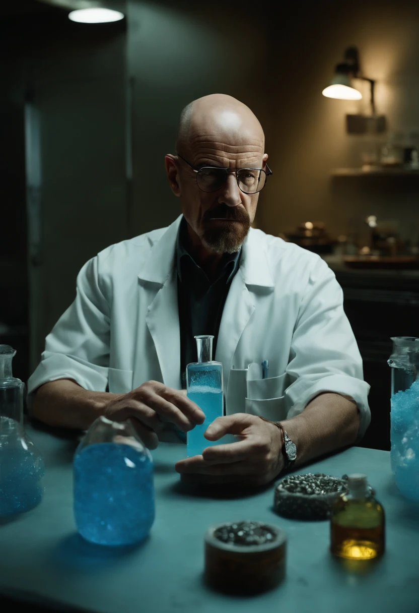 A photo of Walter carefully examining a batch of blue crystal meth in a dimly lit lab.,Breaking Bad,Walter White, the central character of “Breaking Bad,” undergoes a dramatic transformation in appearance: from a meek, unassuming high school chemistry teacher with a mustache and glasses, to the bald, bearded figure known as “Heisenberg,” exuding menace and authority. His wardrobe shift from nondescript, muted clothing to darker, more assertive attire mirrors his descent into the criminal world. , male