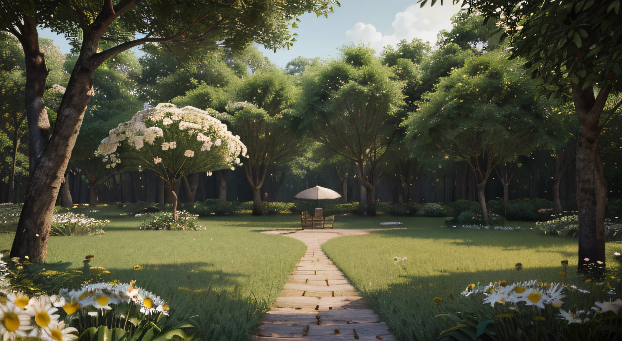 Within the heart of a deep forest, an elephant ear tree stands tall, complemented by the presence of a colorful array. Blooming amidst this picturesque landscape, a combination of white orchids, daisies, sunflowers, and roses emanates a captivating allure. The midday rainfall enhances the tranquility of the scene, exquisitely captured in a 3D style, accentuating the interplay of light and shadow.