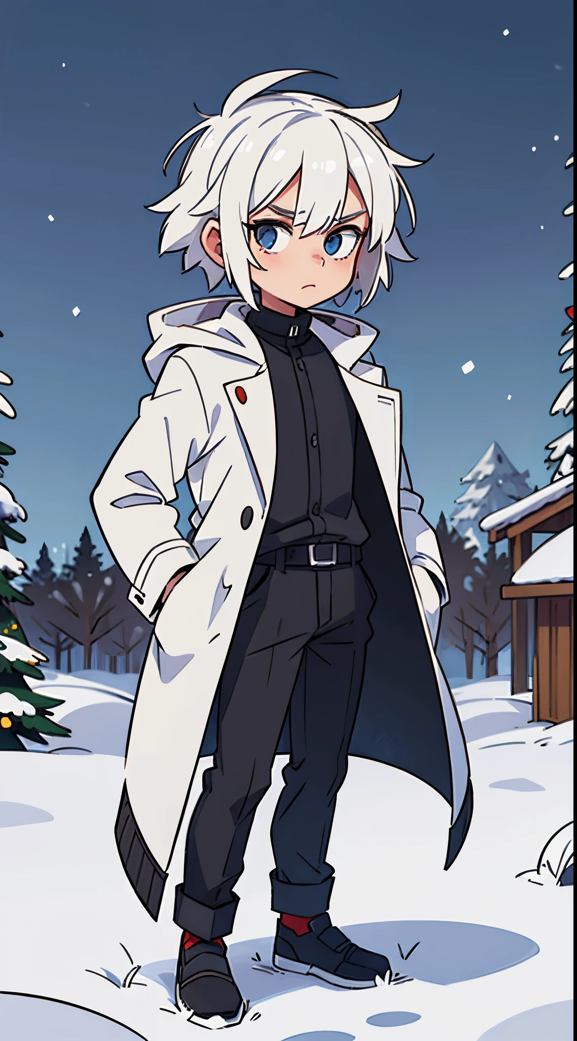 White hair male, black clothes, in snow , Christmas