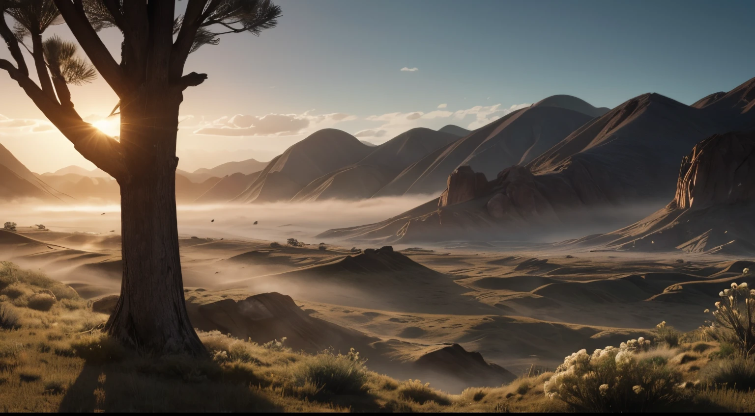 Create a desert landscape of valleys and mountains., Shrouded in thick fog, with a little sunlight, with twisted trees and thick trunks, and undergrowth, resembles grass and grass, in an ultra-realistic landscape, with dead flowers, 4k, Cinematic lighting, natural lighting, Film grain, Cinematic lighting, high detail, photo-realistic, Photorealistic, volumetric lighting and shading