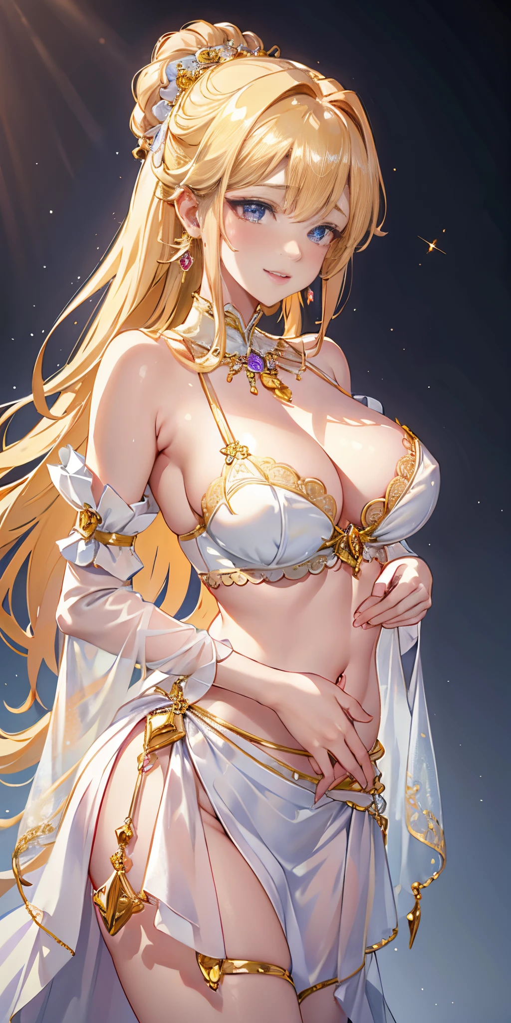 honey color, (one princess wearing sexy princess dress with transparent lace sleeves), (photorealistic:1.4), (masterpiece, sidelighting, finely detailed beautiful eyes: 1.2), Dynamic pose, masterpiece*portrait, realistic, 3d face, glowing eyes, shiny hair, lustrous skin, solo, (midriff), extreme long hair, smile, from blow, (masterpiece), best quality, embarrassed, necklace, earrings,