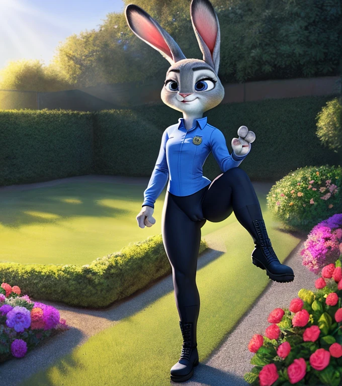 solo, female, small petite, tight black yoga pants, cameltoe, police long sleeve shirt, black boots, peaceful garden, lonely girl, Judy Hopps, adorable face, angry expression, full body, perfect anatomy, bunny ears, perfect hands, four fingers, beautiful scenery, detailed face, best quality, realistic, ultra-detailed), vibrant colors, soft lighting.
