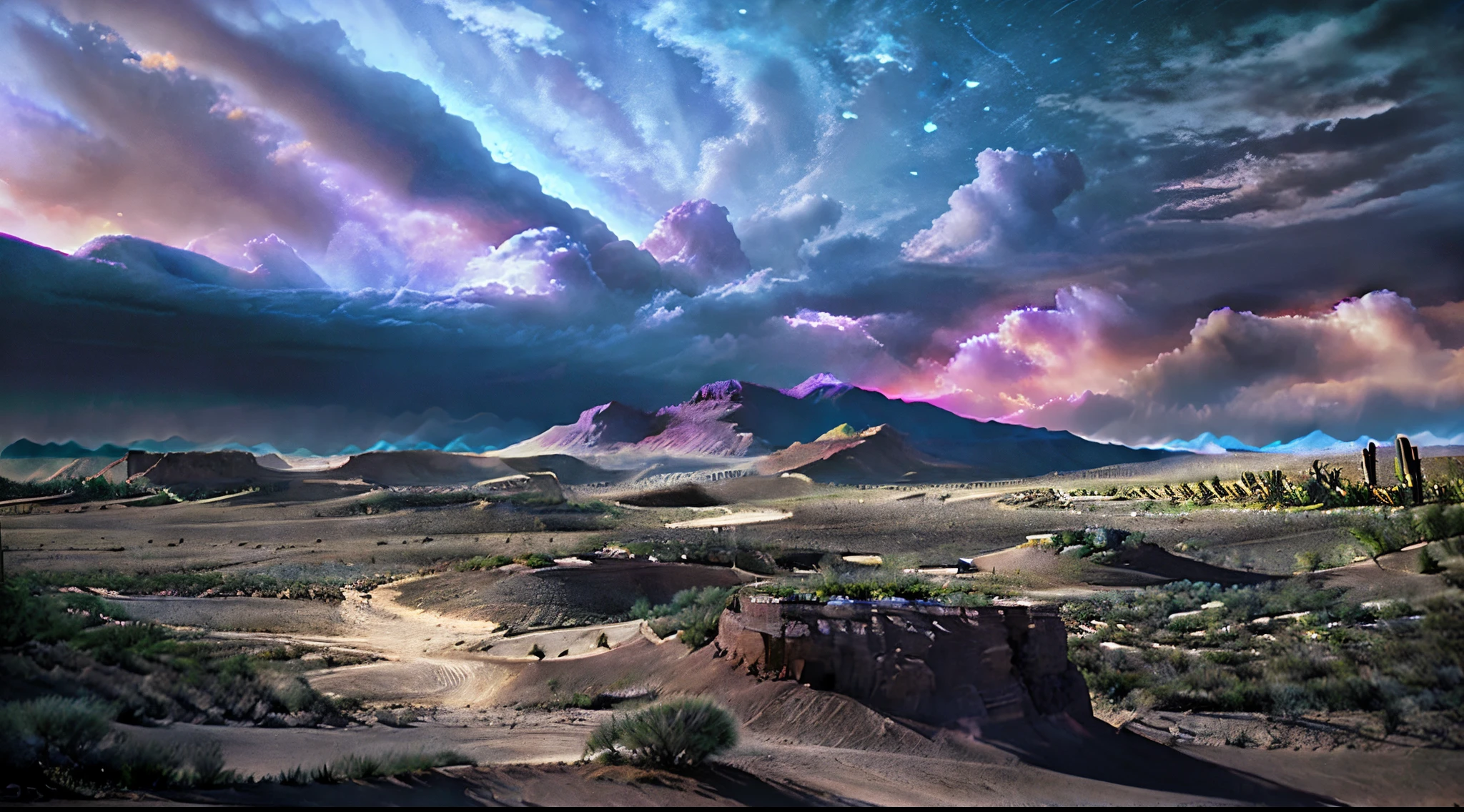 A desert with a fantasy sky.