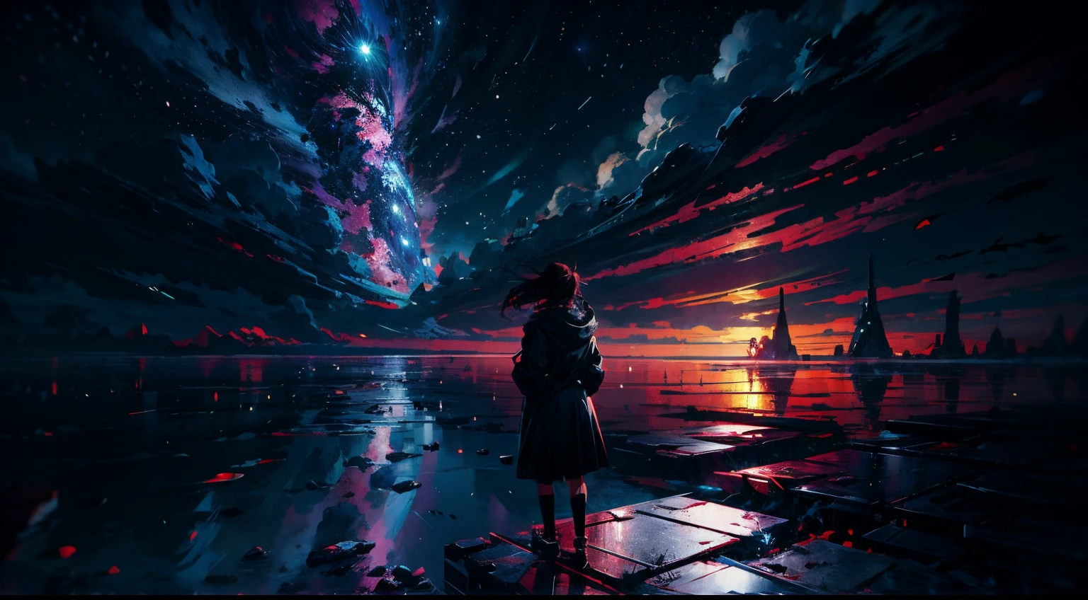 Anime girl standing on a rock looking at a sky full of stars, Makoto Shinkai Cirilo Rolando, Anime Art Wallpaper 4K, Anime Art Wallpaper 4K, Anime Art Wallpaper 8K, cosmic skies. por makoto shinkai, inspirado em Cyril Rolando, No estilo Dan Mumford obra de arte, paper awesome wallpaper, por Yuumei
