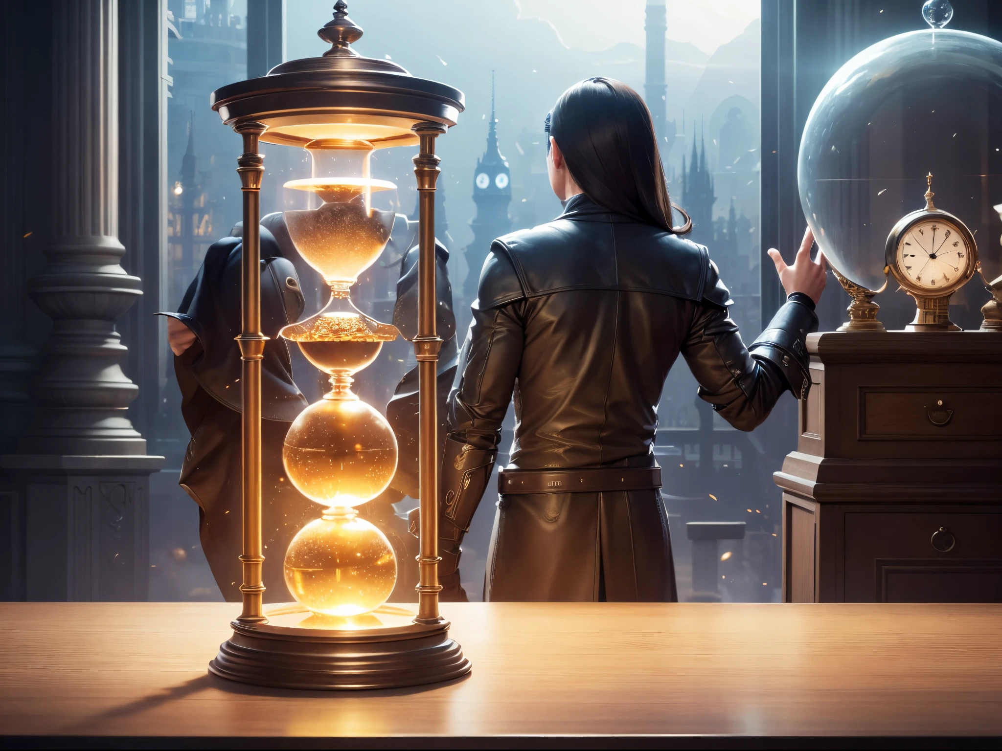 Explore the fusion of futuristic technology and classic elements in a visually stunning image. Generate a hyperrealistic depiction of a digital calendar interface, like Microsoft Teams classic, seamlessly blending with an antique hourglass or vintage clock. Emphasize the harmony of past and future, making every detail, from UI elements to the grains of sand in the hourglass, intricately realistic.