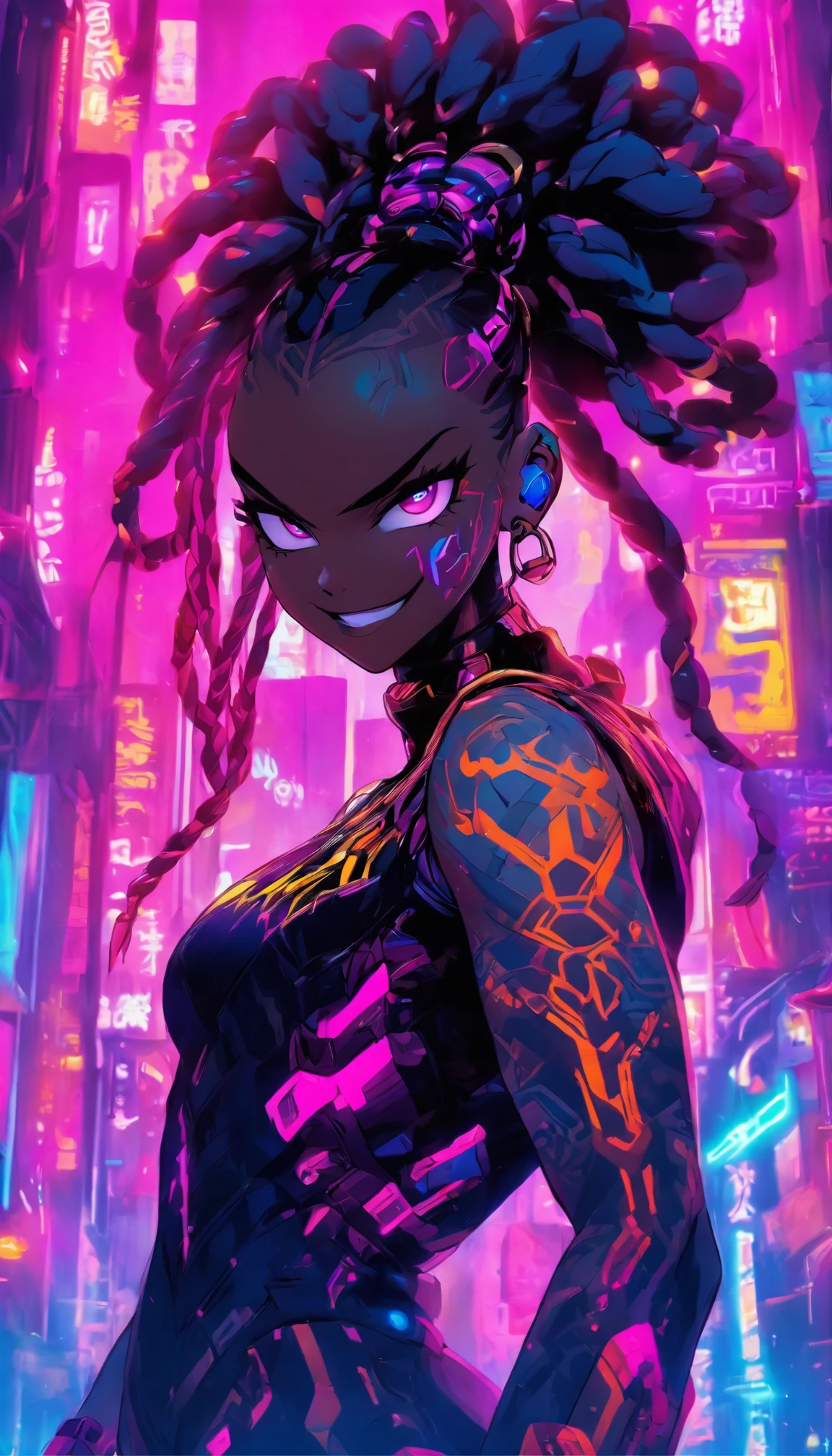NSFW,Dark-skin erotica and bondage dominatrix performing on stage with a mischievous,amarous and impish smile. Suspended in the air by chains on her wrist and thighs, while being bounded by purple crotch rope, squeing her tight, bringing her too climax. She is statuesque with a heart-shaped face,vivacious brown eyes, flowing wavy violet urban haircut. She wearing plum colored breast wrap adorned with a four-point star on the chest of a darker shade outlined in purple. Lavender, slightly heeled, knee-length sandals; and a lilac micro silk skirt with a split on the left side trimmed in violet. She is strong tone and thick with a hourglass physique with large breast, large butt, heart hips, long sensual legs. She sensual curvaceous, powerful, and musclar,) (, (extremely fine and beautiful, face, eyes, and body) (detailed face, eyes, lip), shiny skin, oil skin, shiny hair, dynamic angle, scenery, dramatic lighting, volumetric lighting, golden hour, dangerous tease (lots of stars),( city night, stage, bandage performance, purple and blue interior, strobelight, ropes and chains) ((masterpiece, ultra-detailed, highly detailed)) ( full body, CG , ( sense of depth, depth of field, ), anime-realism, ((bdsm), movie scene, afrofuturistic , depth of field, dynamic angle, scenery, dramatic lighting, volumetric lighting,