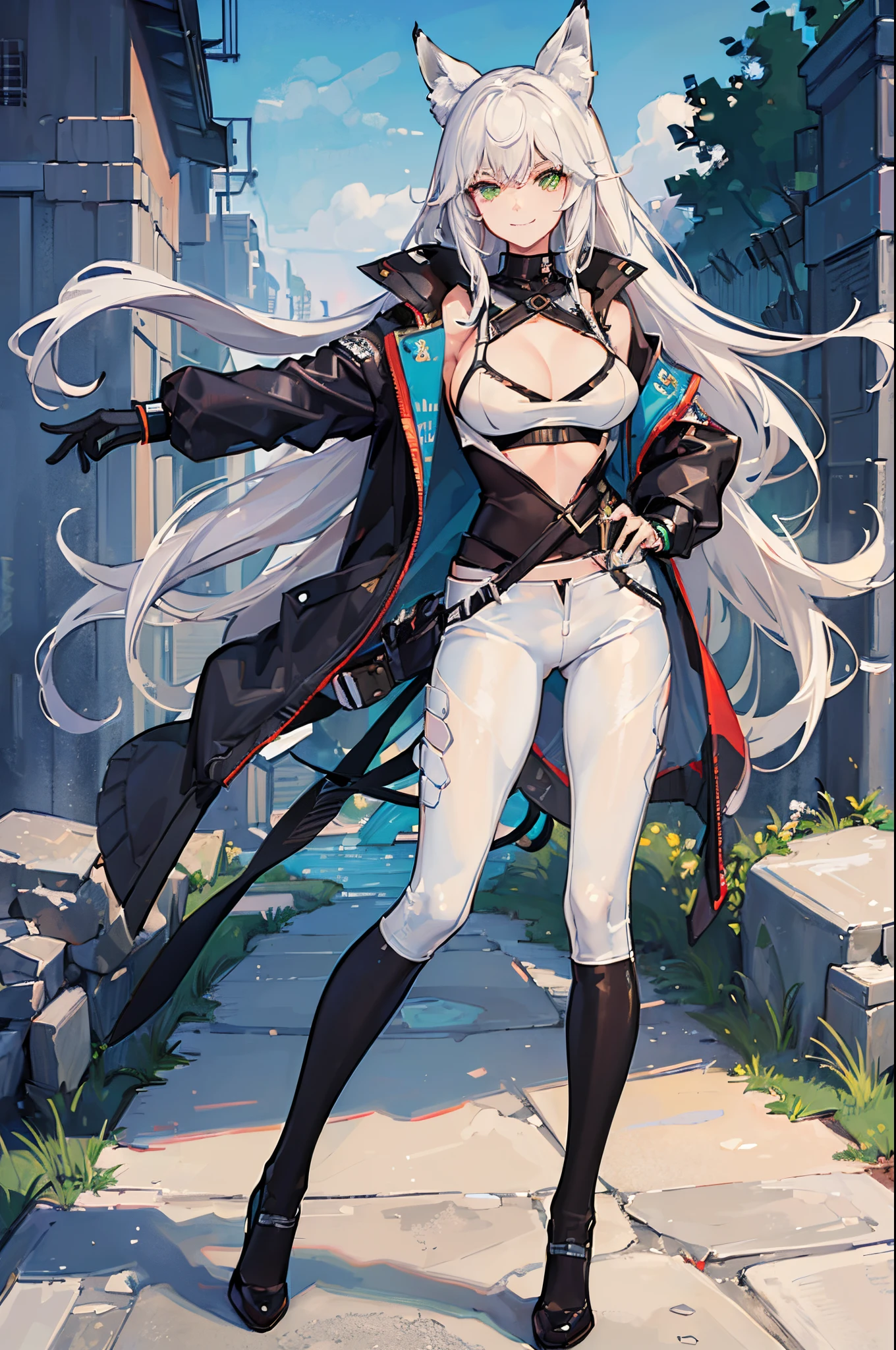 (Masterpiece: 1.5), (Best Quality: 1.5), (Perfect Face), 1 Woman, Fox ears, Fox tail, White Hair, Green Eyes, White Sport bra, black tight leader pants, black leader jacket, evil grin, full body, mature woman, girlboss, sexy, masstive breasts,