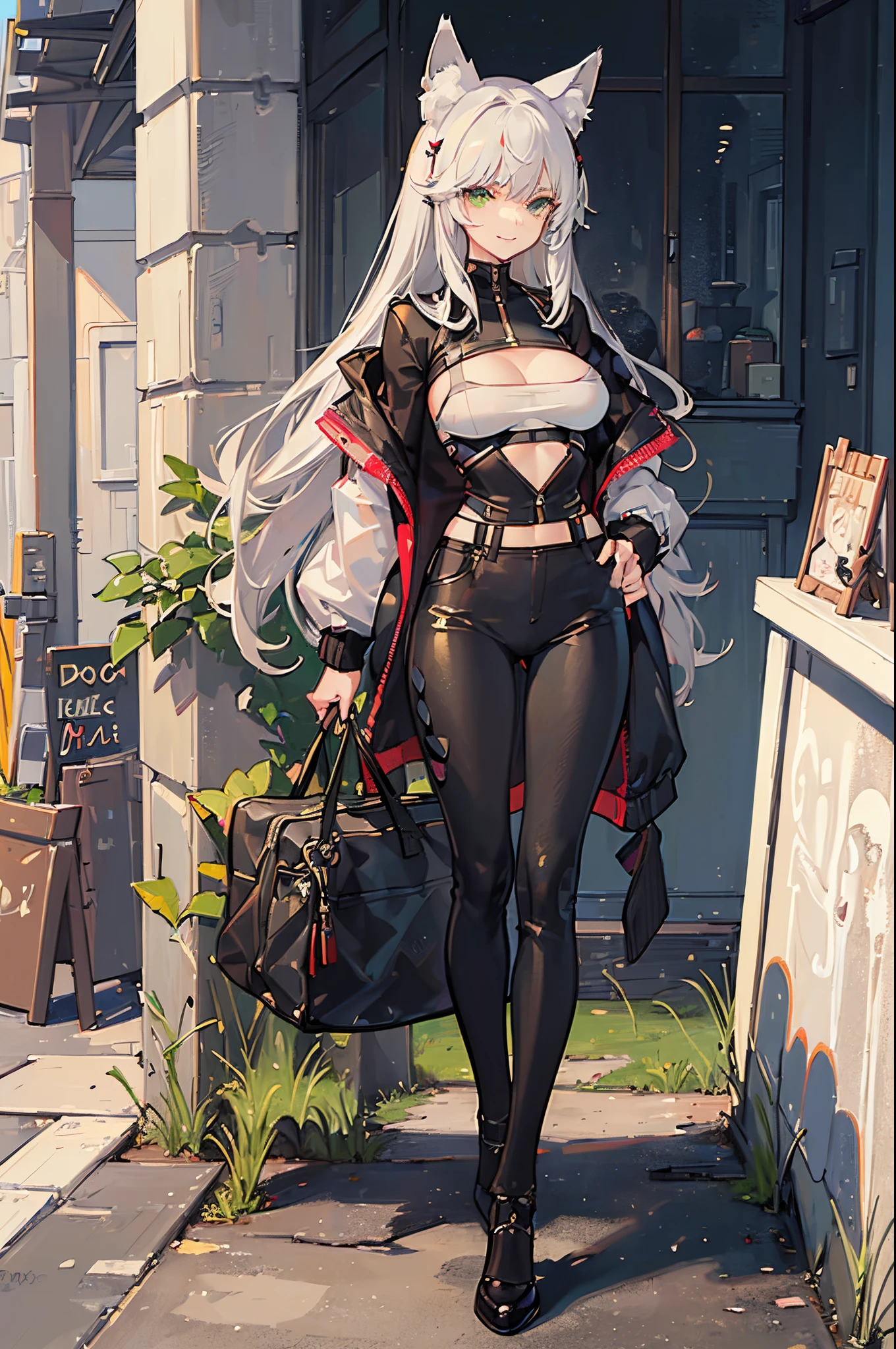 (Masterpiece: 1.5), (Best Quality: 1.5), (Perfect Face), 1 Woman, Fox ears, Fox tail, White Hair, Green Eyes, White Sport bra, black tight leader pants, black leader jacket, evil grin, full body, mature woman, girlboss, sexy, masstive breasts,