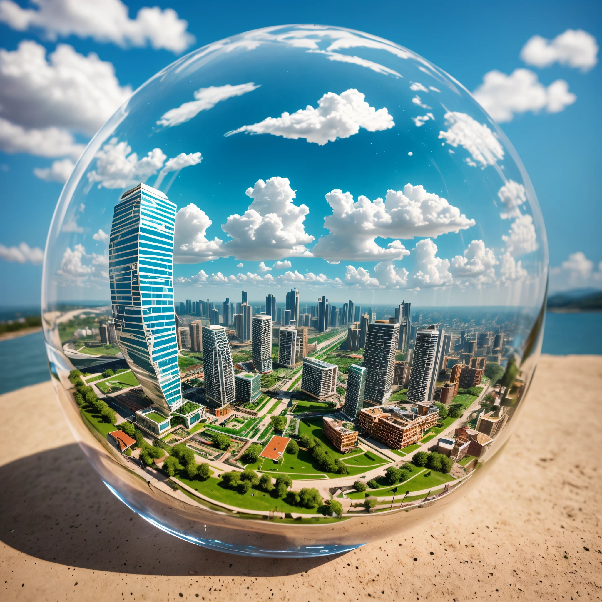 Toy: a beautiful glass ball with a wonderful world inside. Inside you can see a children's plastic toy model of a beautiful city, nature, sun and clouds in detail. Photorealistic hyperrealistic image. --auto --s2