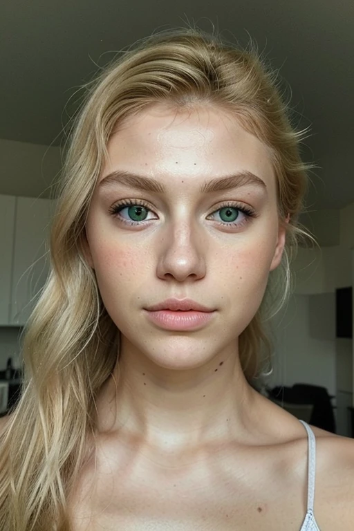 fille entre 20 et 25 ans, longs cheveux blonds et yeux verts, shot of visage face camera, peau parfaite, longs cils, Big lips