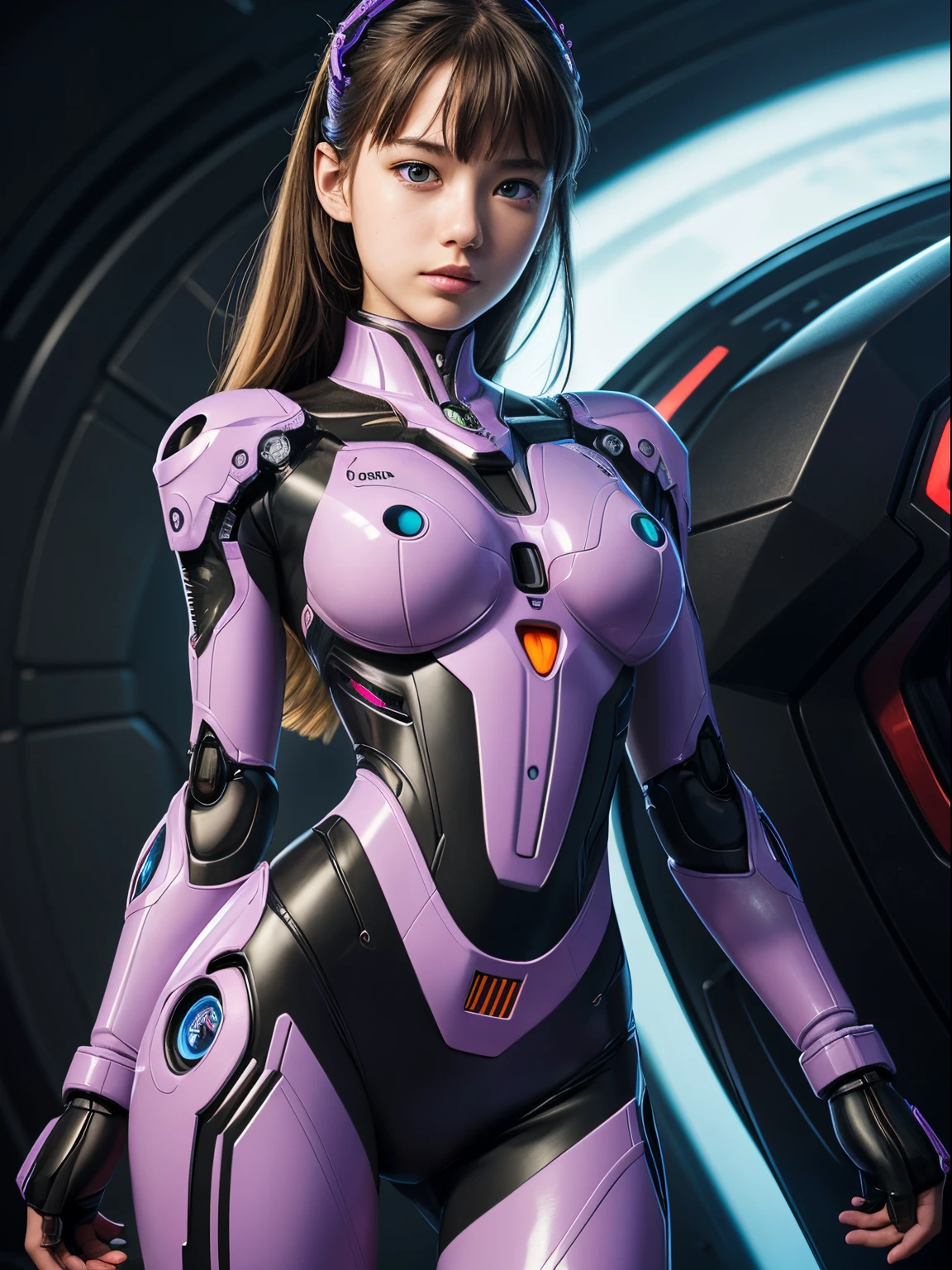 Masterpiece, Best Quality, Ultra-detailed, illustartion, 1girl, Highly detailed Evangelion costume, (Large robot background), detailed skin texture, Beautiful Detail Face, intricate details, Ultra Detailed