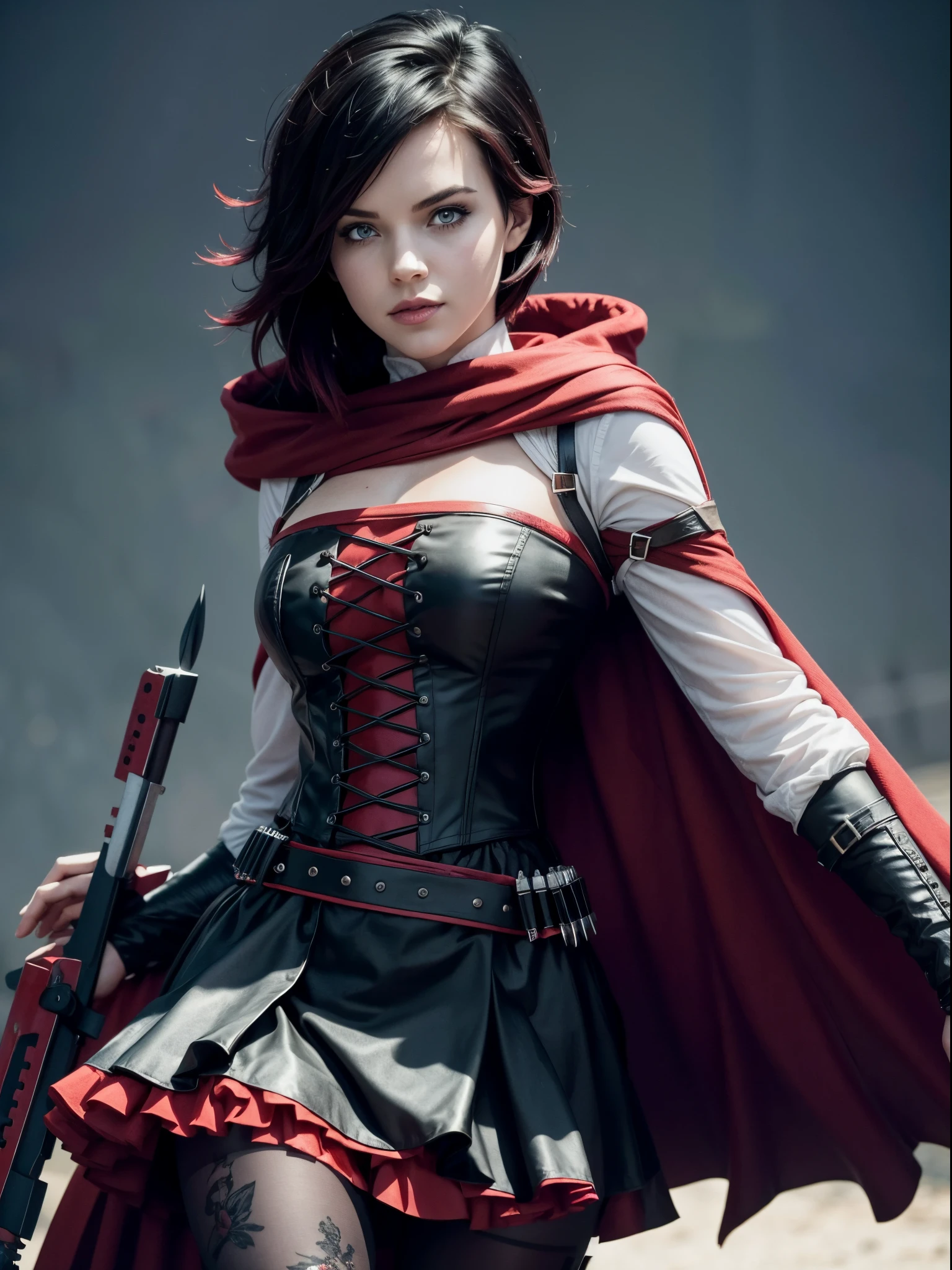 RWBY, 1girl, cloak, red cape, red hood, silver eyes, pantyhose, short hair, black hair, red hair, gradient hair, (intricate clothes), corset, belt, black skirt, cowboy shot, walking in old library, ruby rose, short black asymmetric hair (grey eyes: 0.75), cute round face, ruby rose, high quality, best quality, masterpiece, absurdity, 8k