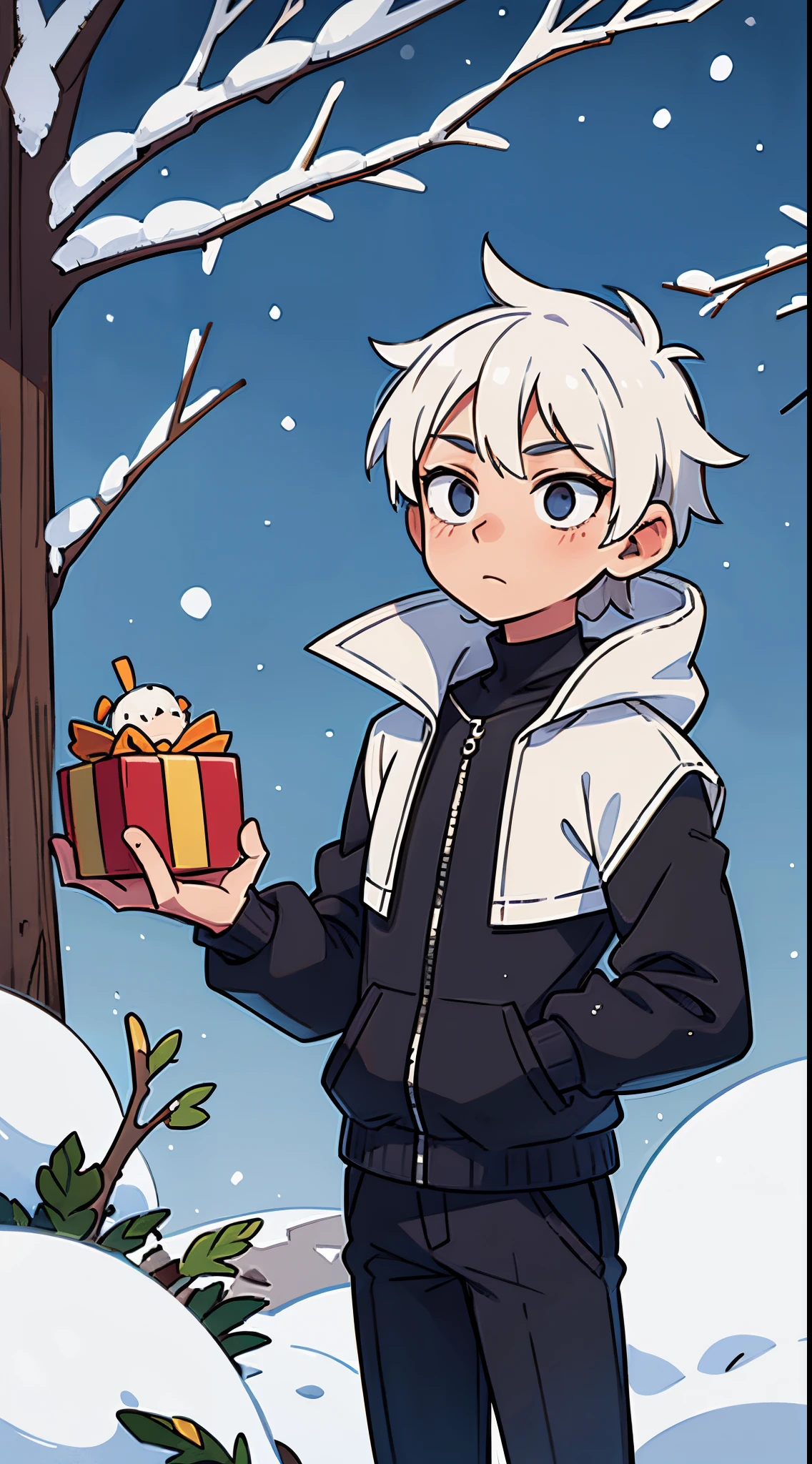 White hair male, black clothes, in snow , Christmas