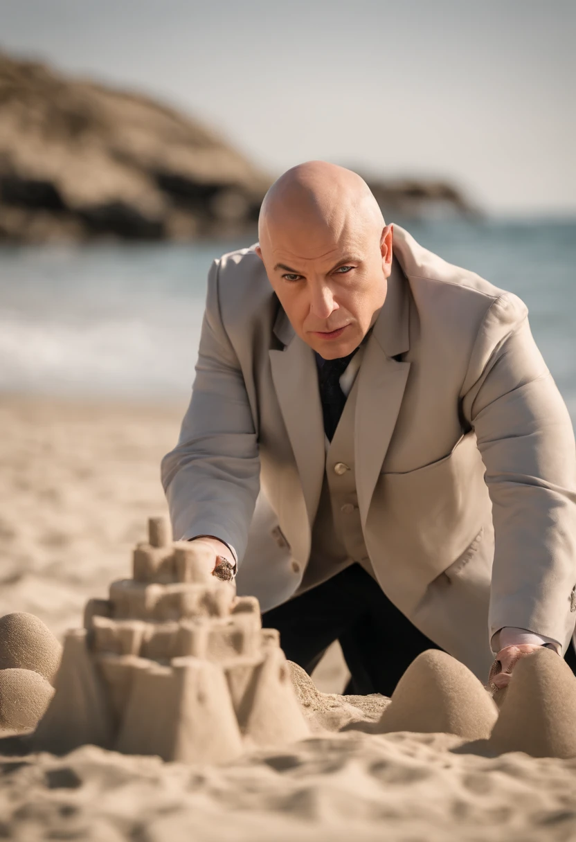 A photo of Doctor Evil attempting to build an evil-themed sandcastle at the beach.,Austin Powers: International Man of Mystery,Doctor Evil, the comical villain from the “Austin Powers” series, is characterized by his bald head, a prominent scar running down his right eye, and a matching gray suit that gives him a distinctively villainous look. He often accentuates his appearance with a dramatic, exaggerated facial expression, usually accompanied by his signature pinky gesture near his mouth., male