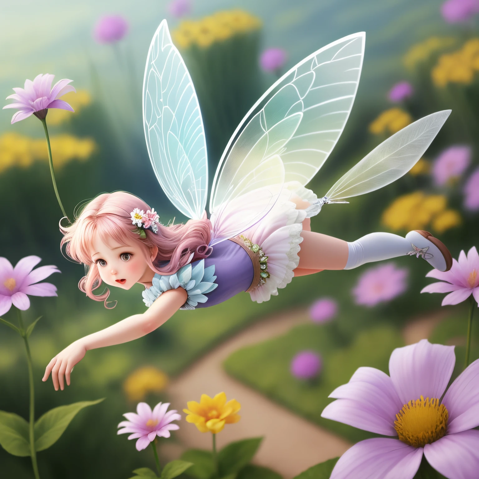 Fairy flying and landing on the unside of a flower