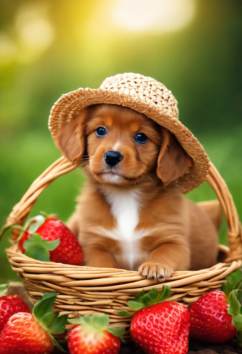 The image is of a very small puppy wearing a beautiful sun hat and sitting in a basket of freshly picked strawberries.,original,Small, curly, pretty, lovely, female