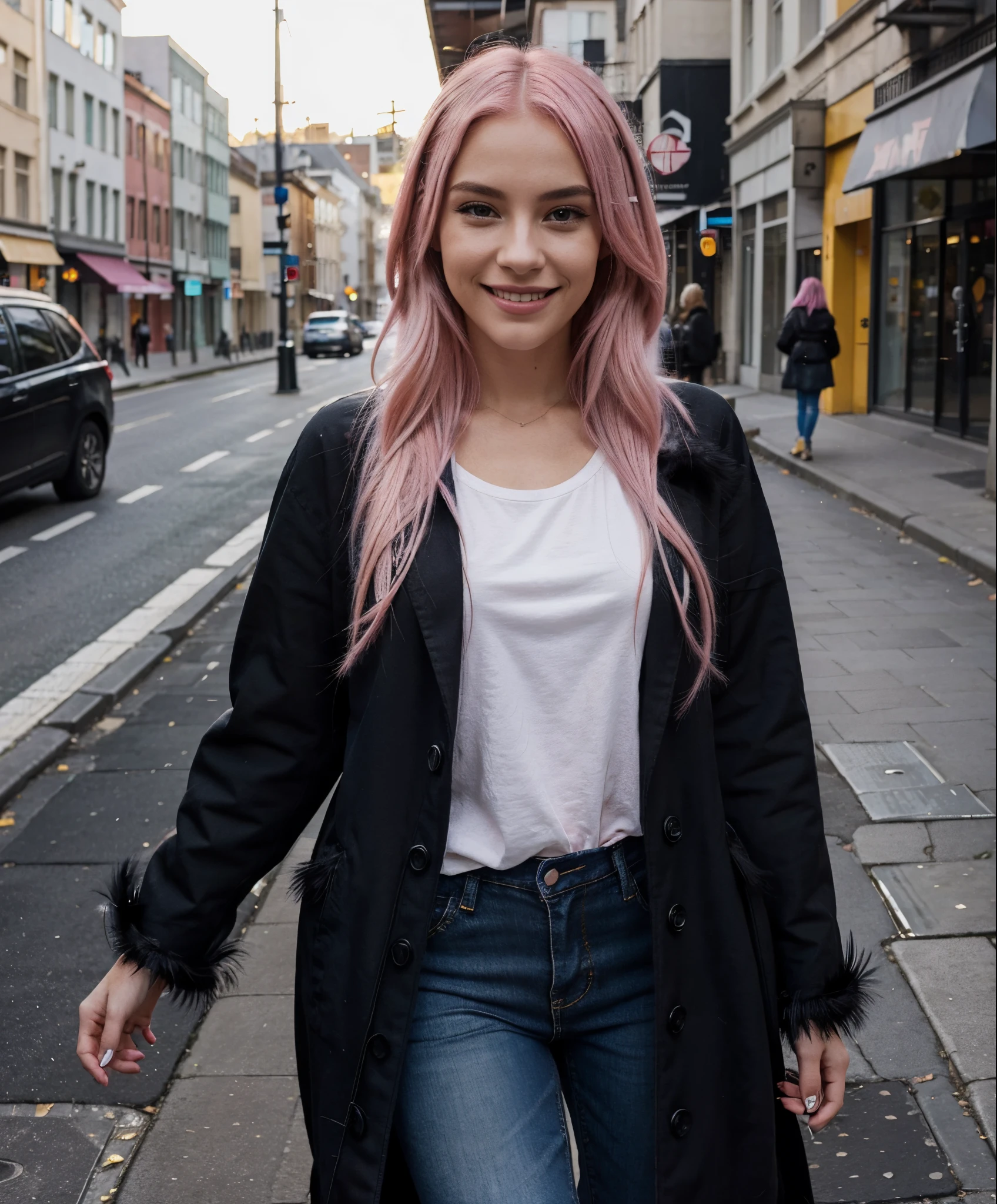 brightly photo of a smiling woman with long light pink hair, on street, with a black feather coat and jeans, modern outfit, she is not looking at the camera, she is looking right, instagram photo, hyperrealistic, top model photo,
