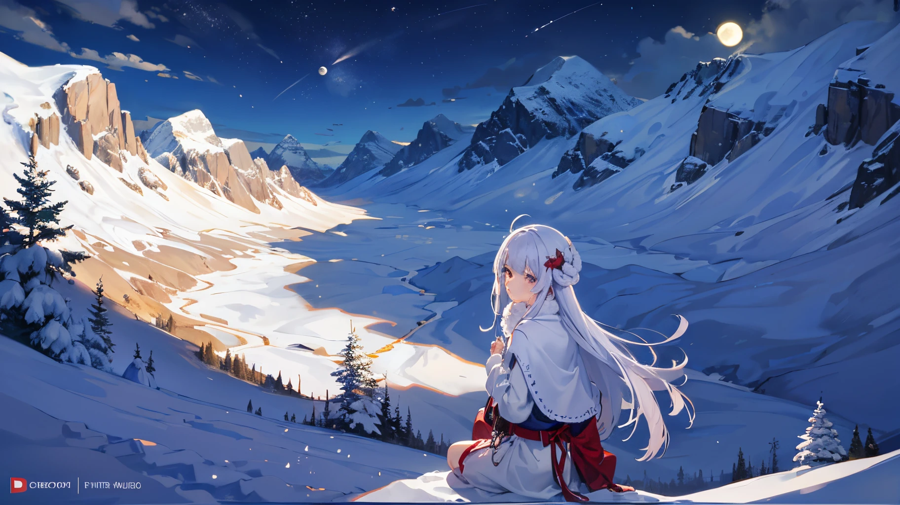 uma mulher nua, usando apenas coleira, imagem de corpo inteiro, moon light mountains and snow scenery focus on snowflakes --auto --s2