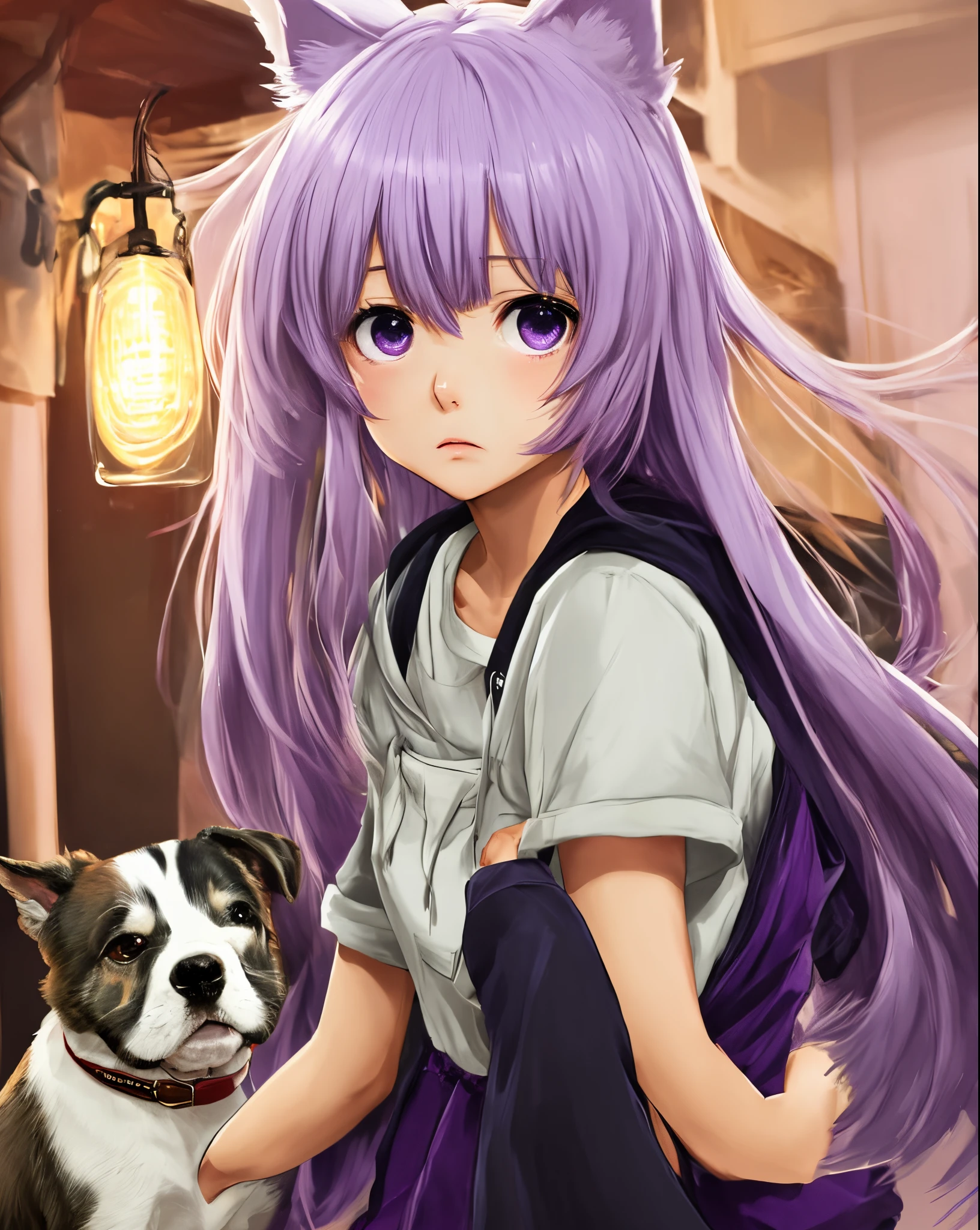 A young girl,Q version,long whitr hair,adolable,anime,lilac purple hair,dog ears,Dog tail,Light colors,Purple eye,is shy
