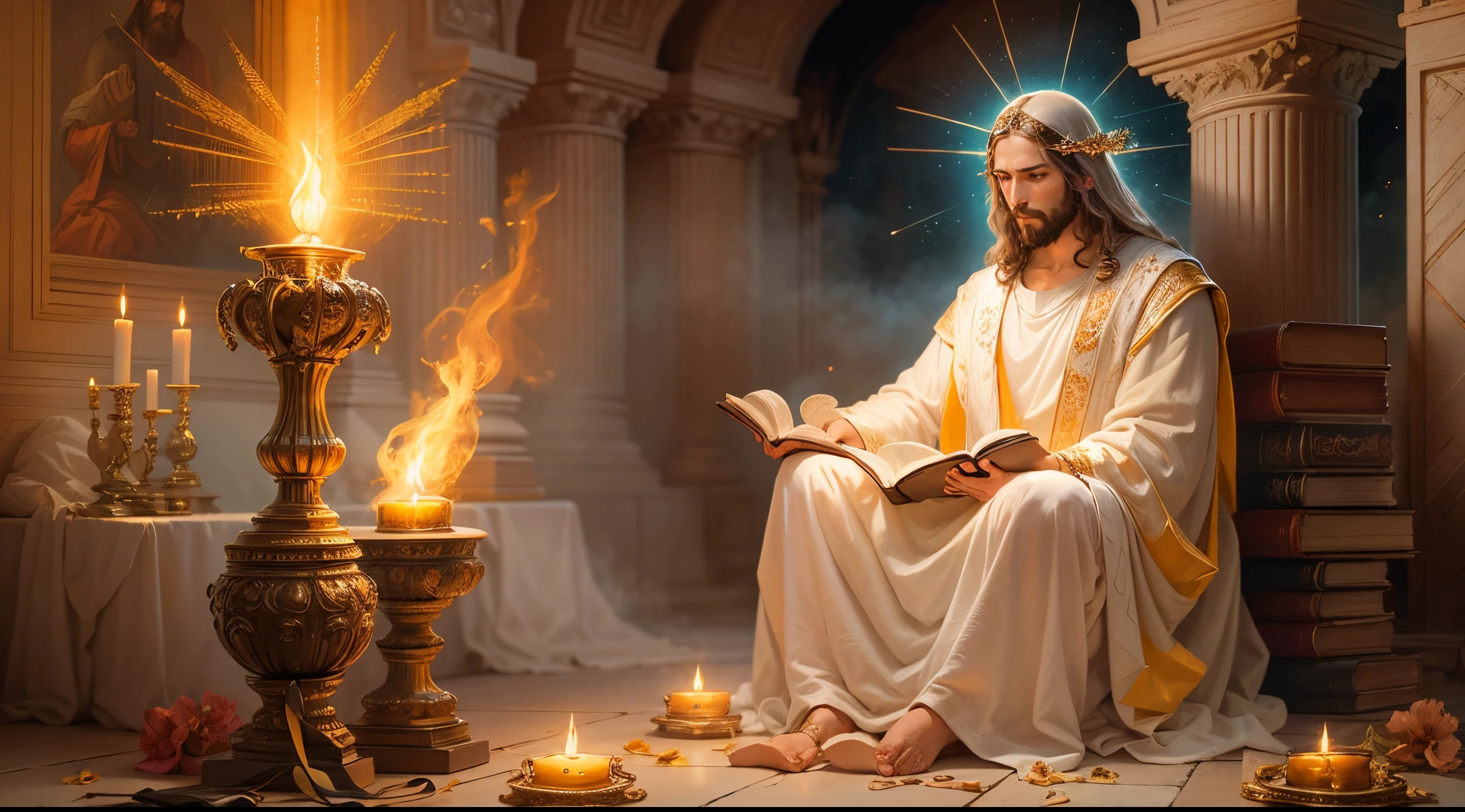 Closeup of Jesus Christ in prayer, Velas, Rezando, Biblical setting, Biblical paradise, Jesus, Ultra HD |, realista, Realistic, Jesus cristo olhando para as escrituras sagradas, Paradisiacal scenery, Jesus Praying over an ancient holy biblical book, Uma pintura de Jesus lendo um livro com uma aura brilhante, Bible Illustrations, holy fire spell art, O Senhor e Salvador, Meu deus, imagens religiosas, Your mind is thinking of eternity, holy flame spell, Um halo brilhante no alto, beautiful depiction, imagens sacras, arte conceitual de deus, Diretor: Alexandre Giemsky, artistic depiction, Luz Divina da Luz