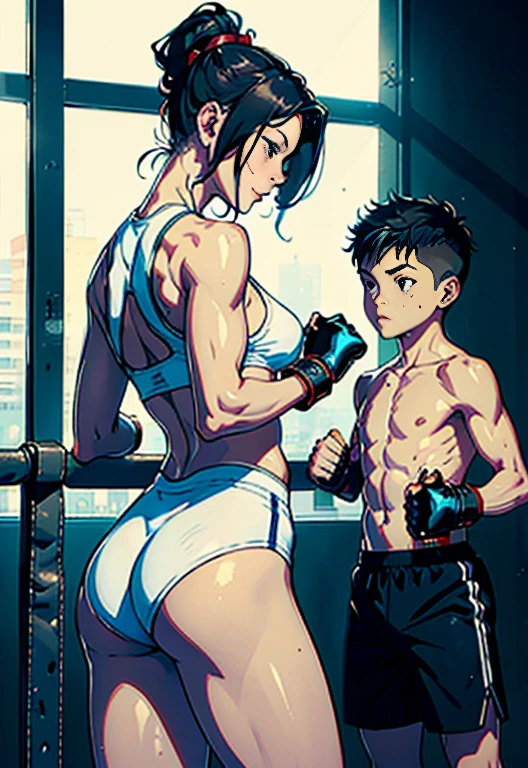 sexy MOM and Son couple, (original) ,  mom busty and tall perfect legs perfect ass,  (very detailed wallpaper) , (best quality) , (masterpiece) , photographic reality, realistic, very detailed illustrations, (1 MILF with ung boy) , beautiful eyes, (delicate faces) , perfect detail, (best lighting) , (super complex details) , 
 (boxing girl with boxing boy) ,  , sweat, heavy breathing, (oppressive attack) , (boxing ring) , athletic sexy mini  shorts on mom showing ass, male boxing shorts on boy,  perfect detail, perfect fingers, perfect limbs, impact, (shiny skin) , abs, muscles, waistline,boxing shorts, fist fight, black hair, high ponytail, very long hair, 
4K unified, (super detailed CG: 1.2) , (8K: 1.2) , realistic, octane rendering, sexy tall mom and  smaller son fight training,