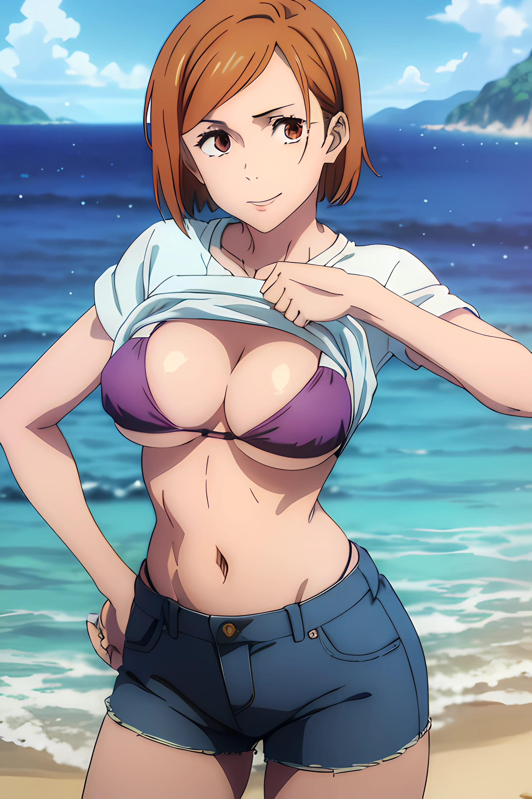 (masterpiece), (best quality), (ultra-detailed), (best illustration), (best shadow), (absurdres), nobarakugisakinova, short hair, orange hair, ((brown eyes)), kugisaki nobara, 1girl, solo, bangs, looking at viewer, upper body, ((blue bikini top)), cleavage, denim shorts, ocean background, perfect body, ((perfect breasts)), charming smile, Hourglass body, thin waist, very thin waist, hands on hips, ((large breasts)), sexy, bare thighs, bent over, ((shirtlift)),