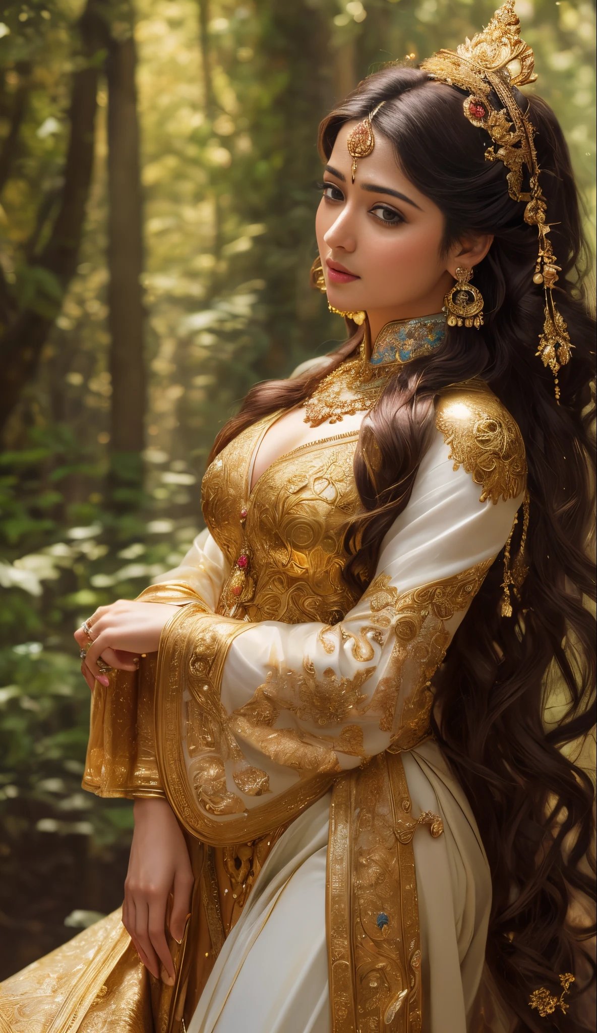 Face mix of Anushka Shetty and Nayanthara, a masterpiece ultrarealistic ultradetailed portrait of a beautiful girl in incredible goledn armor. baroque renaissance. in forest. medium shot, intricate, elegant, highly detailed. trending on artstation, digital art, by stanley artgerm lau, wlop, rossdraws, james jean, andrei riabovitchev, marc simonetti, yoshitaka amano. background by james jean and gustav klimt, light by julie bell, 4 k, porcelain skin.