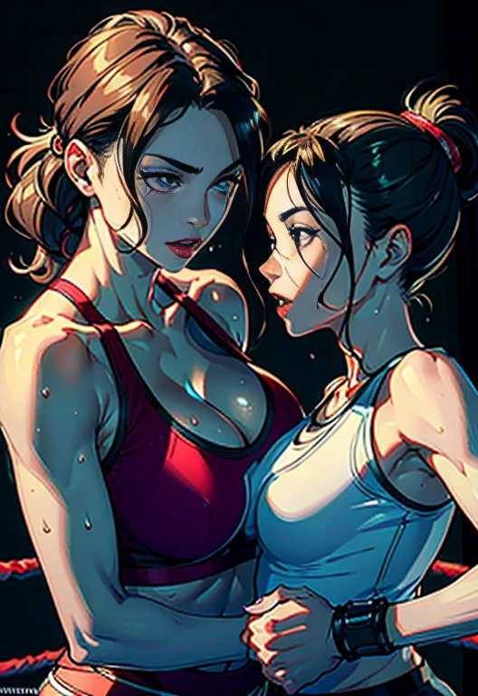 she is being beaten badly by her opponent. Wearing a monokini. Dynamic battle action. her opponent trying to kill her by strong punchs. These women are out of power. Two young and beautiful Japanese female mixed martial artists in a match in the octagon. They are smashing their fists against their opponents' bodies. They are covered in blood. They are out of breath with their mouths open, drooling, one eye closed. She is sweating profusely. Short-cut black hair. Omini-finger gloves. Erect nipples. Small breasts.