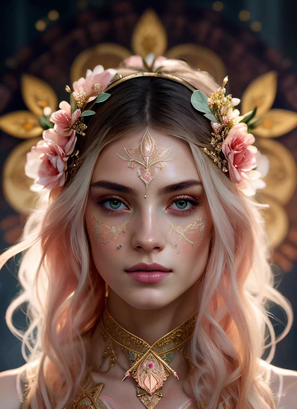 (symmetry:1.1) (portrait of floral:1.05) a woman as a beautiful goddess, (assassins creed style:0.8), pink and gold and opal color scheme, beautiful intricate filegrid facepaint, intricate, elegant, highly detailed, digital painting, artstation, concept art, smooth, sharp focus, illustration, art by greg rutkowski and alphonse mucha, 8k