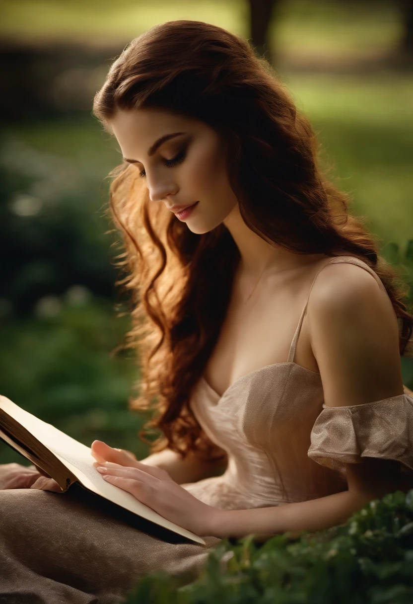 A photo of Bella sitting on a blanket in her backyard, with 'Hamlet' open in front of her and a soft smile on her face as she reads.,Twilight Saga,Bella is a girl with a heart shaped face. She has pale skin and chocolate brown eyes. Her hair is the same colour as mahogany. , female
