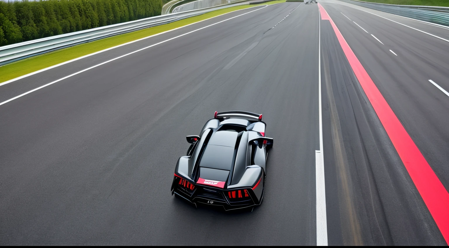 Please make a picture of a single lane highway with all new high speed cars such as Lamborghini, Bugatti, Nissan GTR, Ferrari, McLaren, Ford Mustang, Audi, Benz, Pagani, Agra, Formula 1 in one lane. They are racing and on the other side there is only an old arrow car asking the racing cars: Excuse me, where is the roundabout.