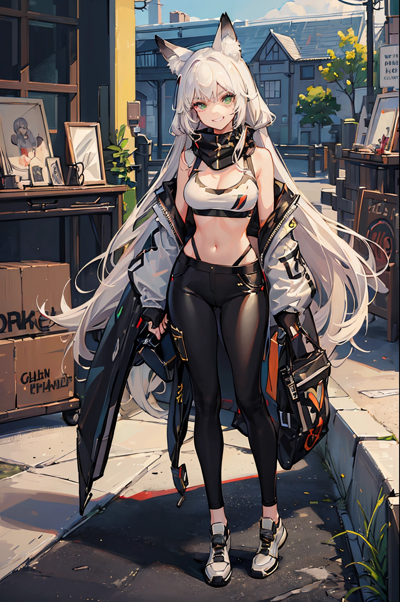 (Masterpiece: 1.5), (Best Quality: 1.5), (Perfect Face), 1 Woman, Fox ears, Fox tail, White Hair, Green Eyes, White Sport bra, black tight leader pants, black leader jacket, mean grin, full body,